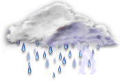 Céu totalmente nublado com possíveis pancadas com precipitações, possibilidade de tempestades