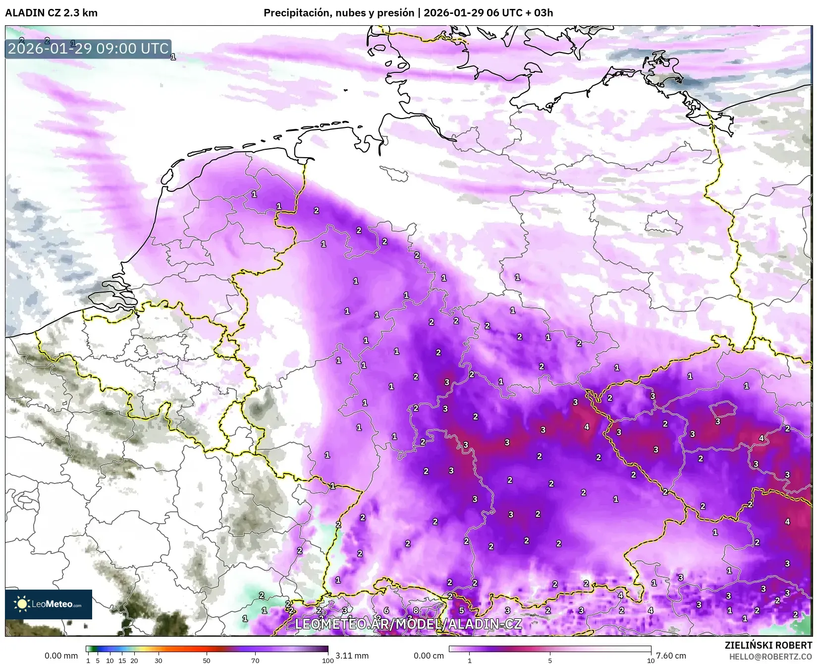 ALADIN CZ 2,3 km model - Alemanha, Precipitação, nuvens e pressão