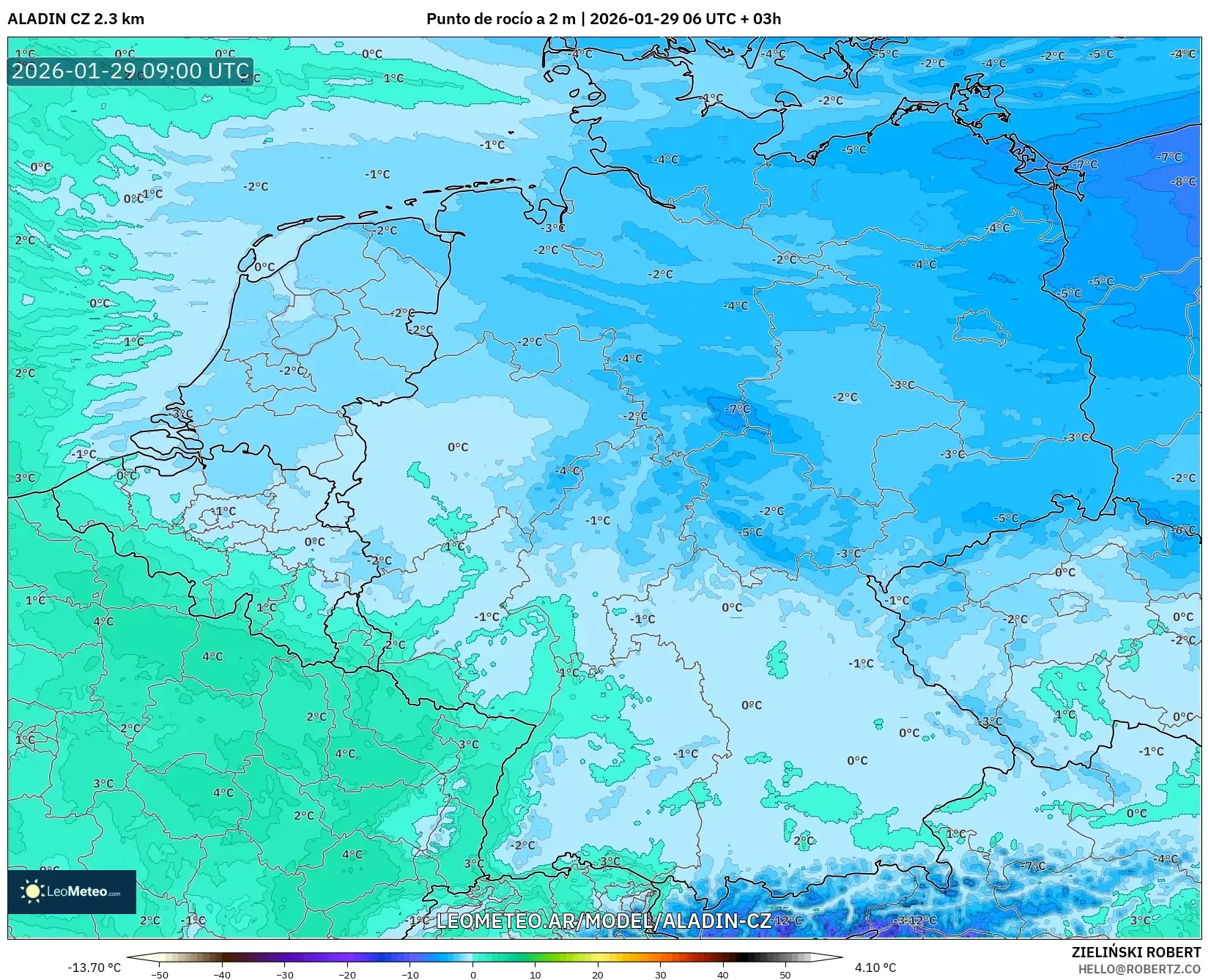 ALADIN CZ 2,3 km model - Alemanha, Ponto de orvalho a 2 m