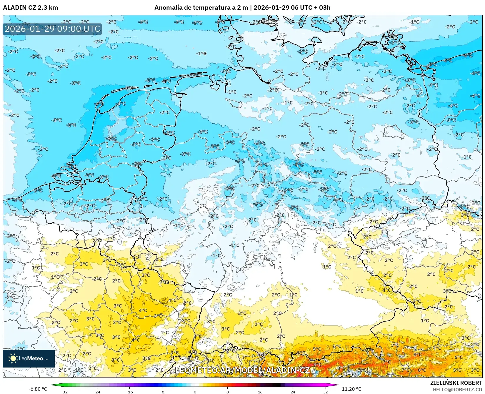 ALADIN CZ 2,3 km model - Alemanha, Anomalia de temperatura a 2 m
