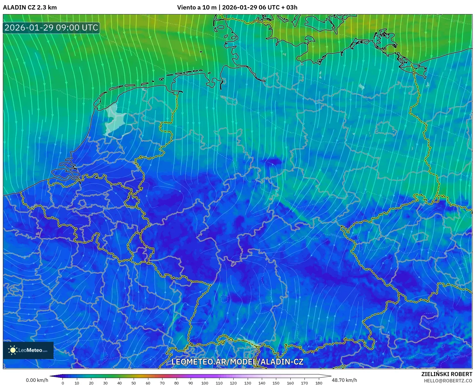 ALADIN CZ 2,3 km model - Alemanha, Vento a 10 m