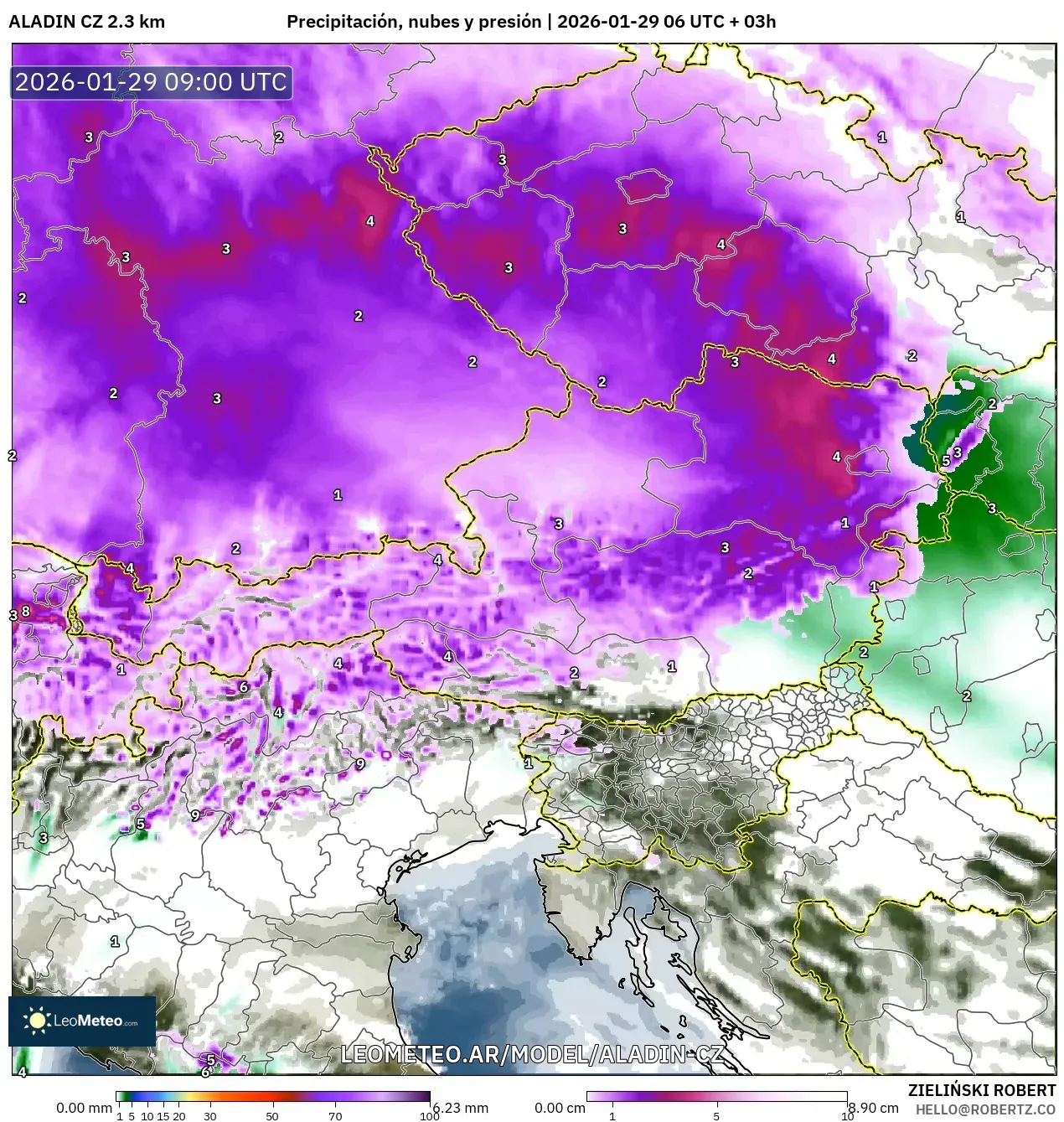ALADIN CZ 2,3 km model - Áustria, Precipitação, nuvens e pressão