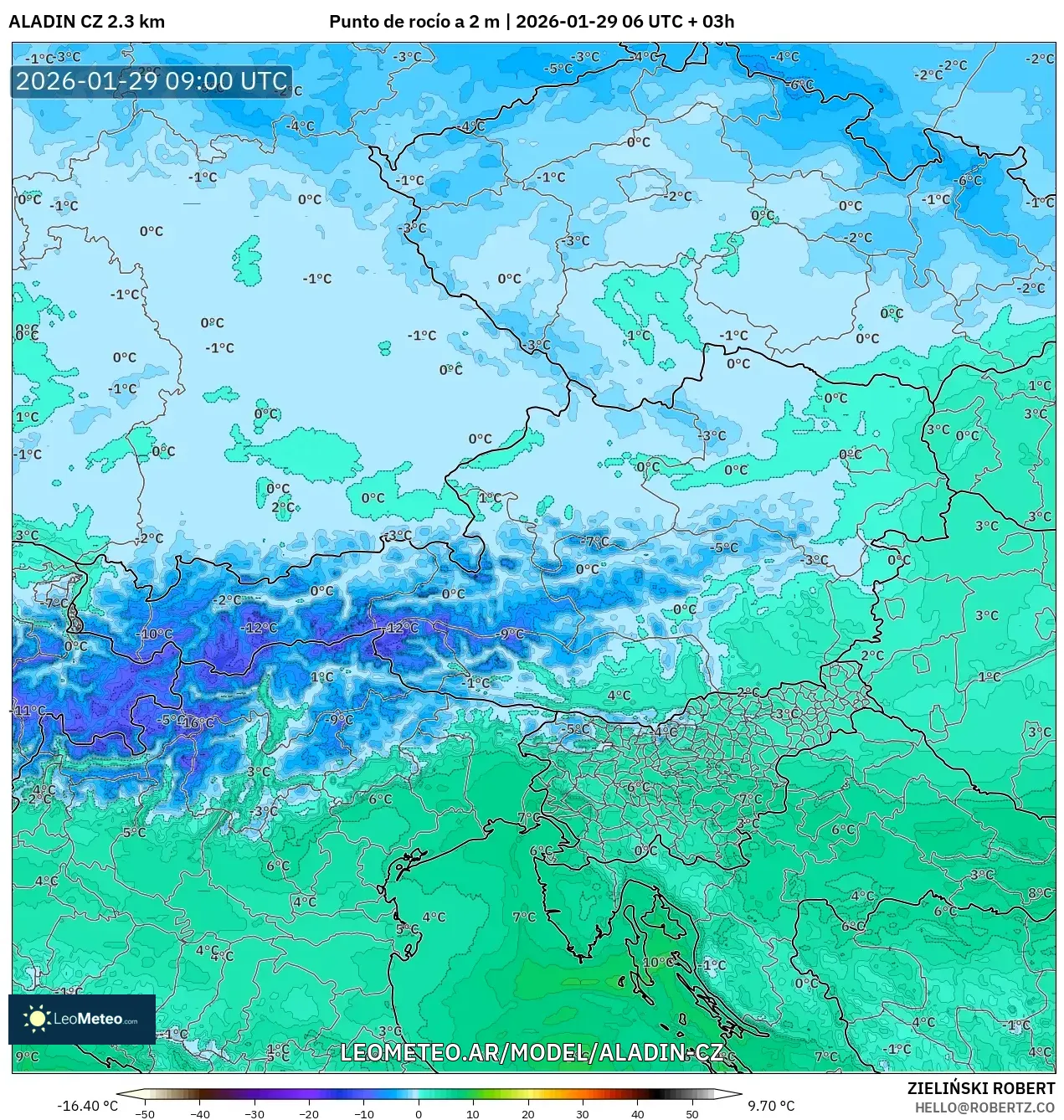 ALADIN CZ 2,3 km model - Áustria, Ponto de orvalho a 2 m