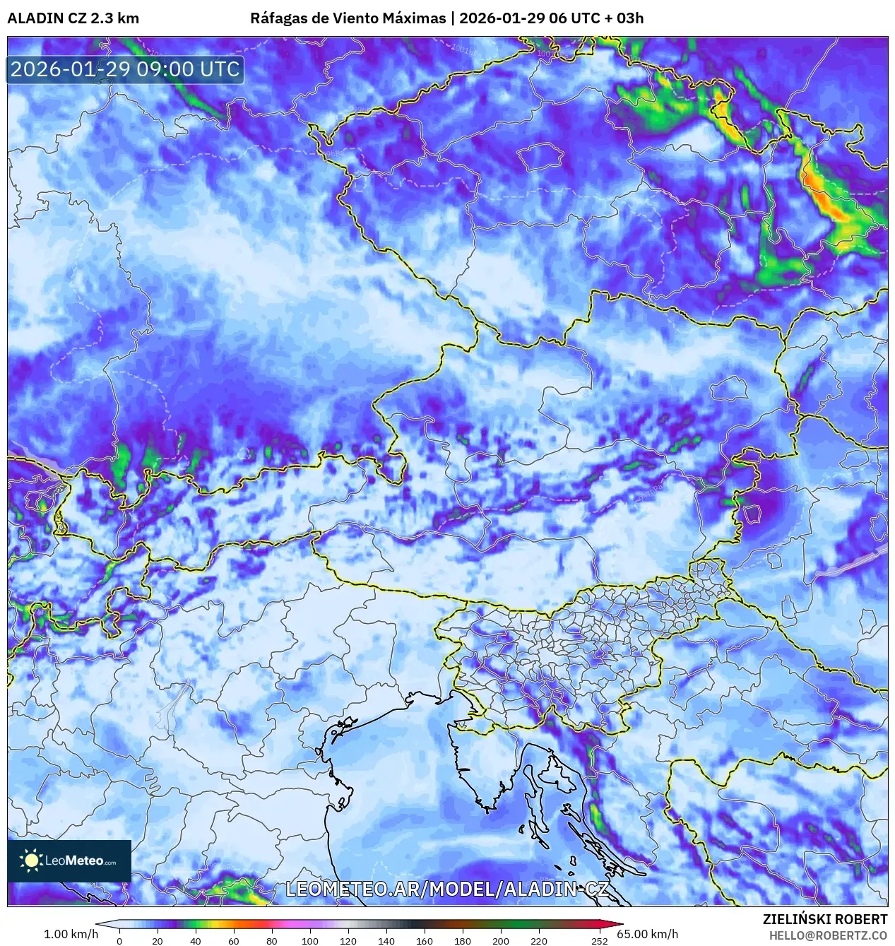 ALADIN CZ 2,3 km model - Áustria, Rajadas de Vento Máximas