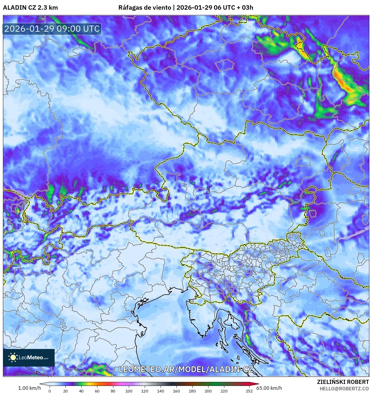 ALADIN CZ 2,3 km model - Áustria, Rajadas de vento