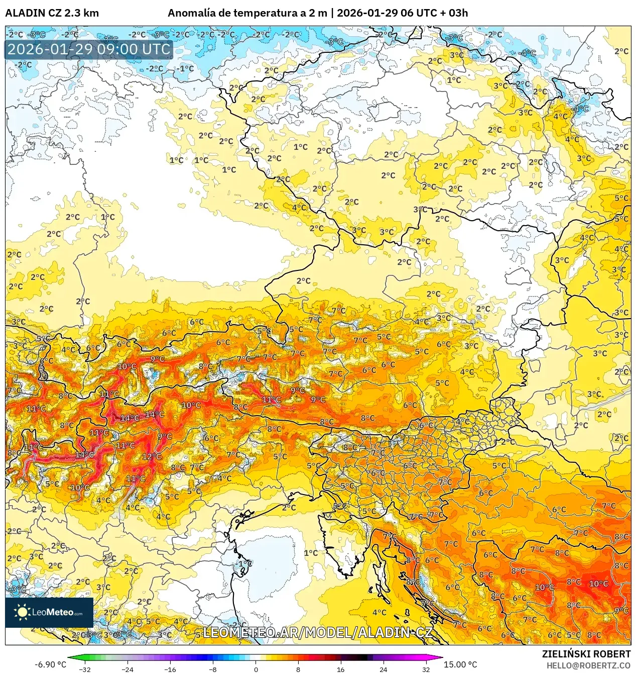 ALADIN CZ 2,3 km model - Áustria, Anomalia de temperatura a 2 m