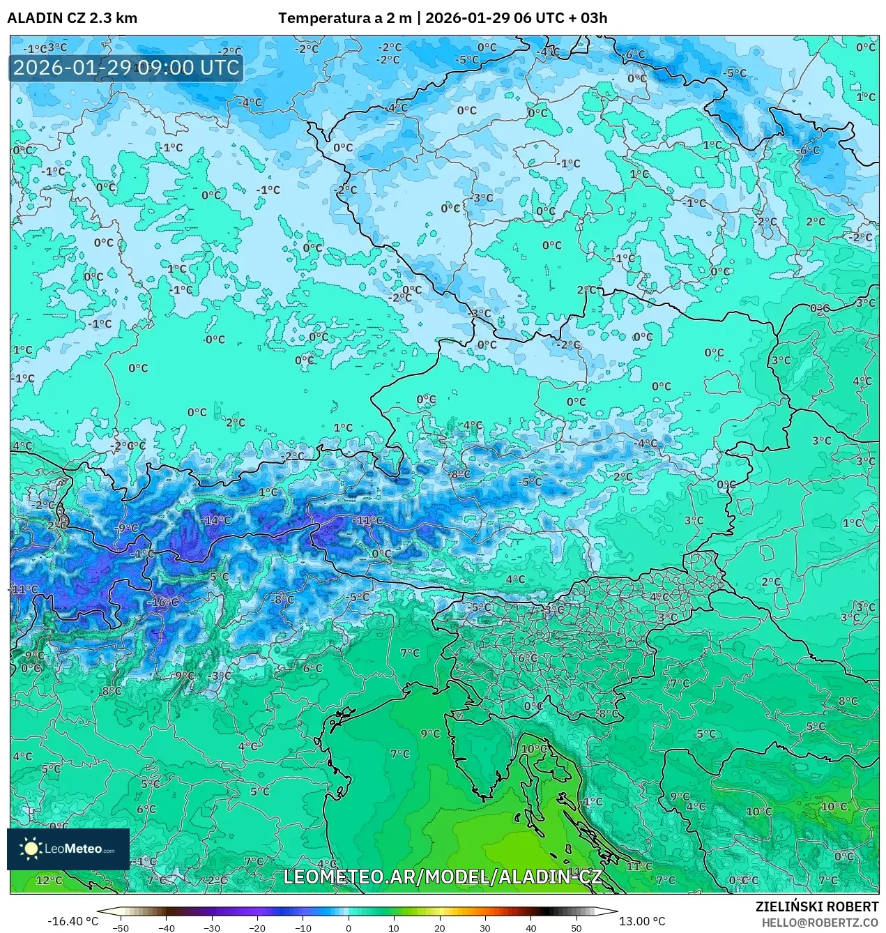 ALADIN CZ 2,3 km model - Áustria, Temperatura a 2 m