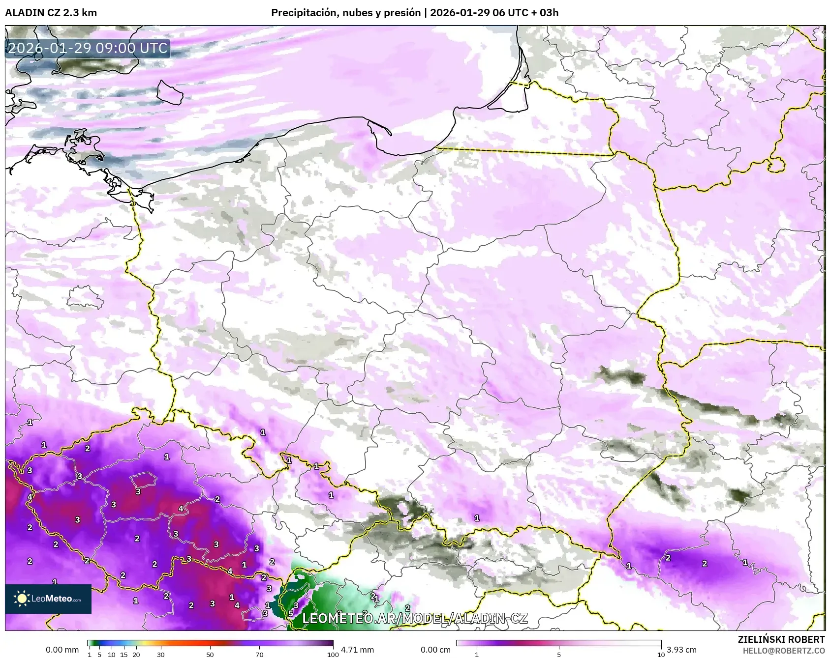 ALADIN CZ 2,3 km model - Polônia, Precipitação, nuvens e pressão