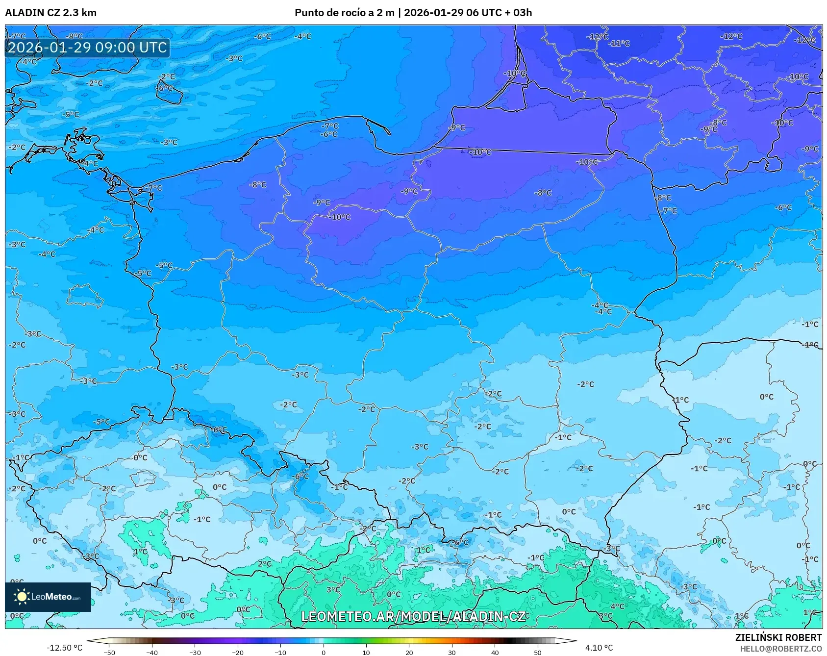 ALADIN CZ 2,3 km model - Polônia, Ponto de orvalho a 2 m