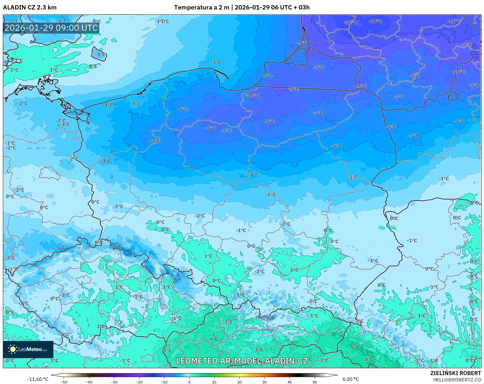 ALADIN CZ 2,3 km model - Polônia, Temperatura a 2 m