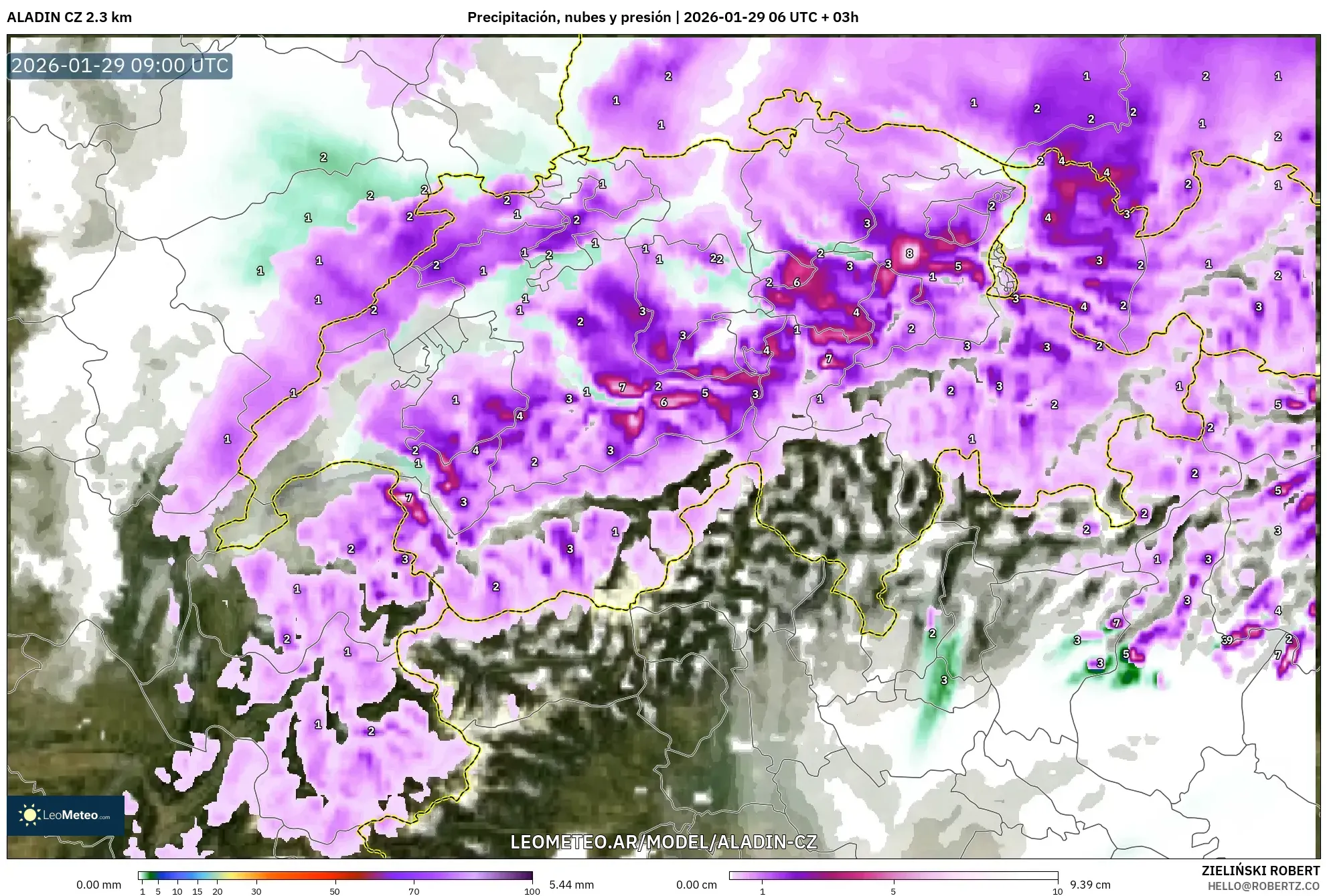 ALADIN CZ 2,3 km model - Suíça, Precipitação, nuvens e pressão