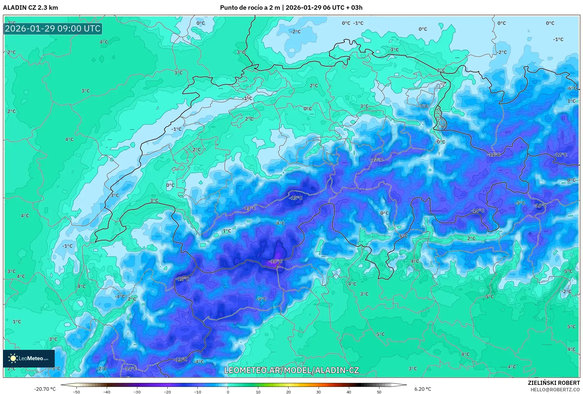 ALADIN CZ 2,3 km model - Suíça, Ponto de orvalho a 2 m