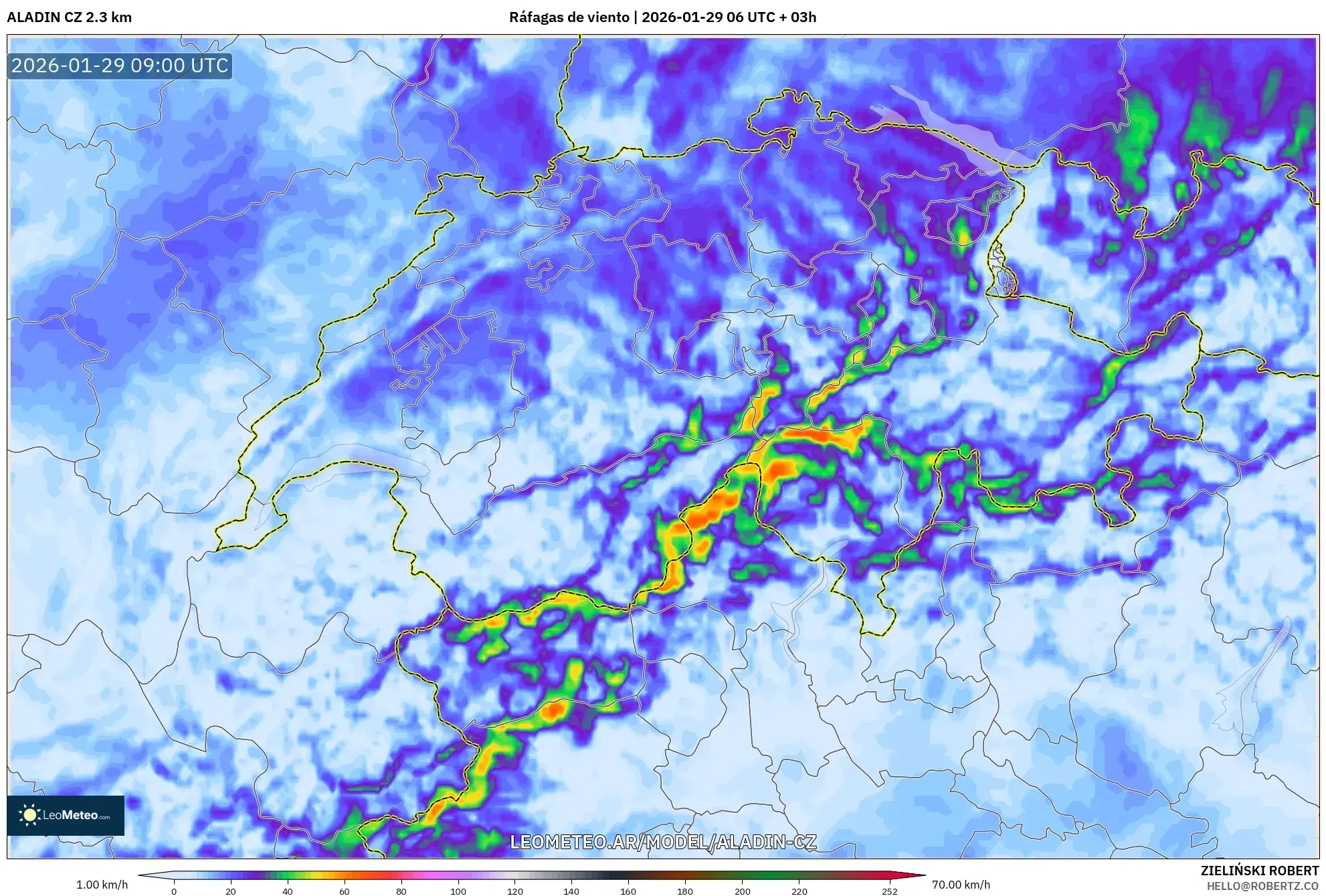 ALADIN CZ 2,3 km model - Suíça, Rajadas de vento