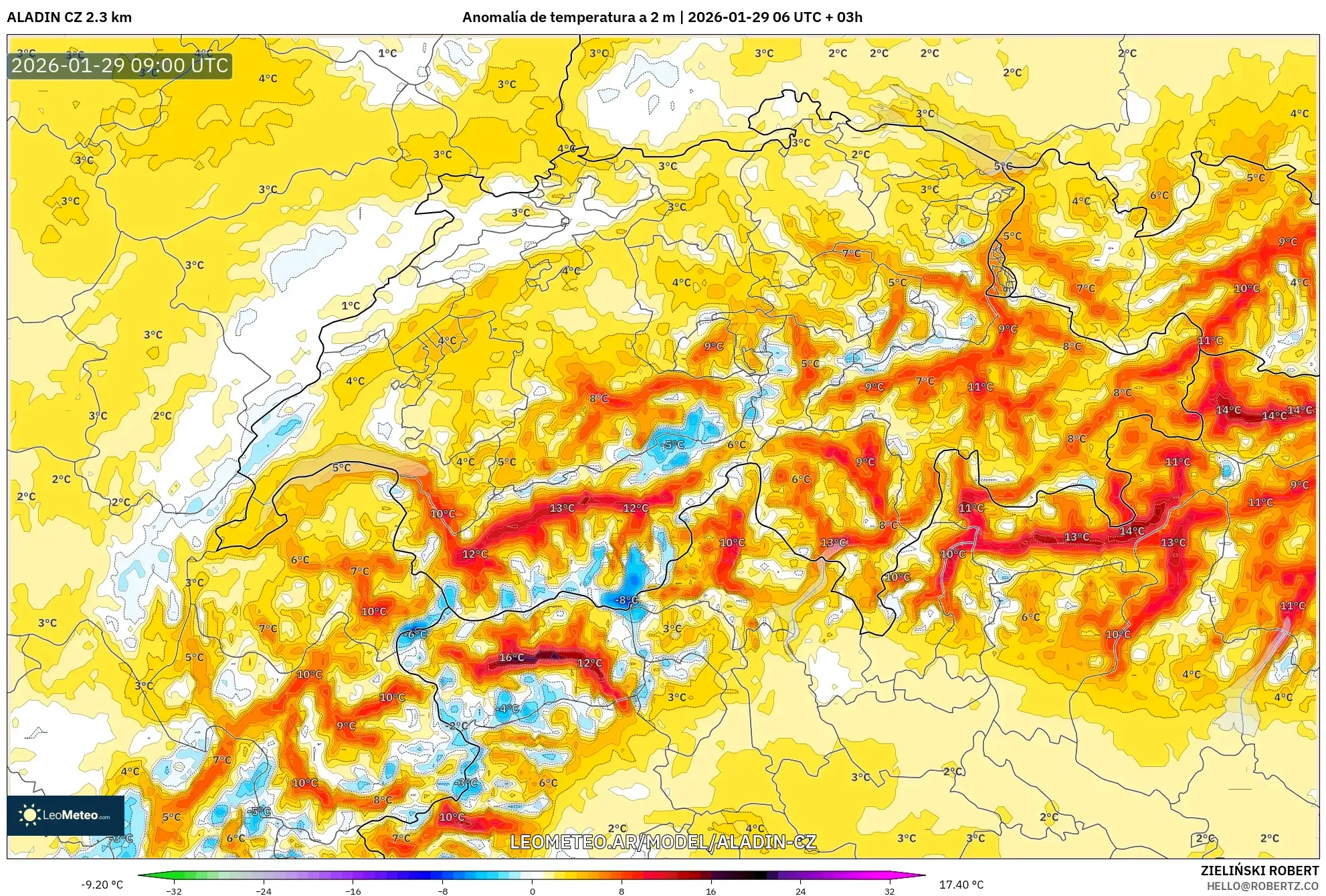 ALADIN CZ 2,3 km model - Suíça, Anomalia de temperatura a 2 m
