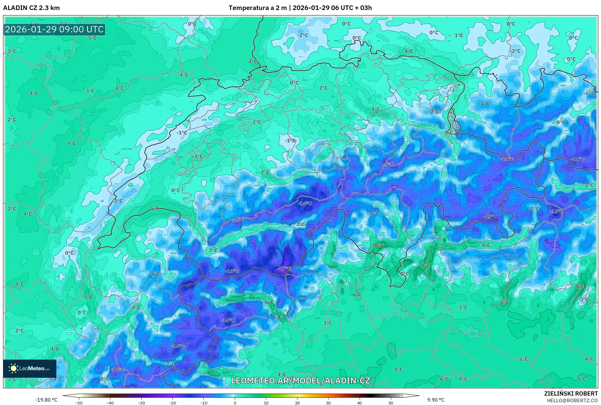 ALADIN CZ 2,3 km model - Suíça, Temperatura a 2 m