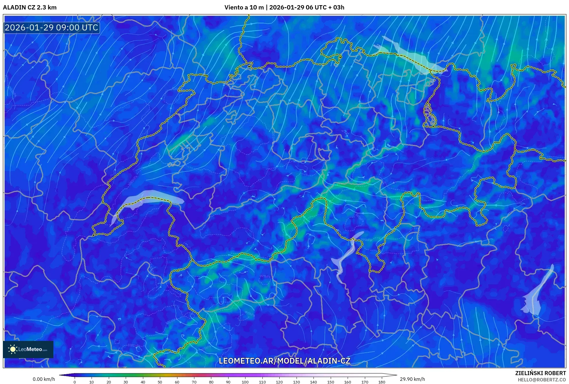 ALADIN CZ 2,3 km model - Suíça, Vento a 10 m