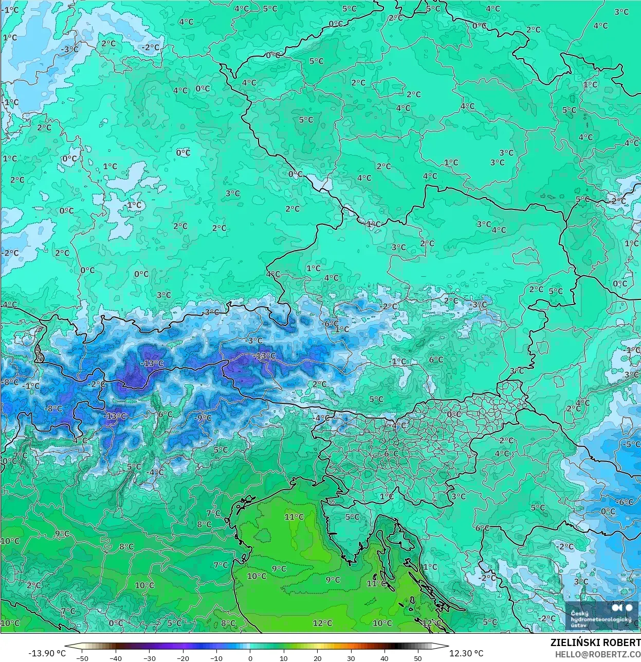 ALADIN CZ 2,3 km modelo - Áustria, Ponto de orvalho a 2 m