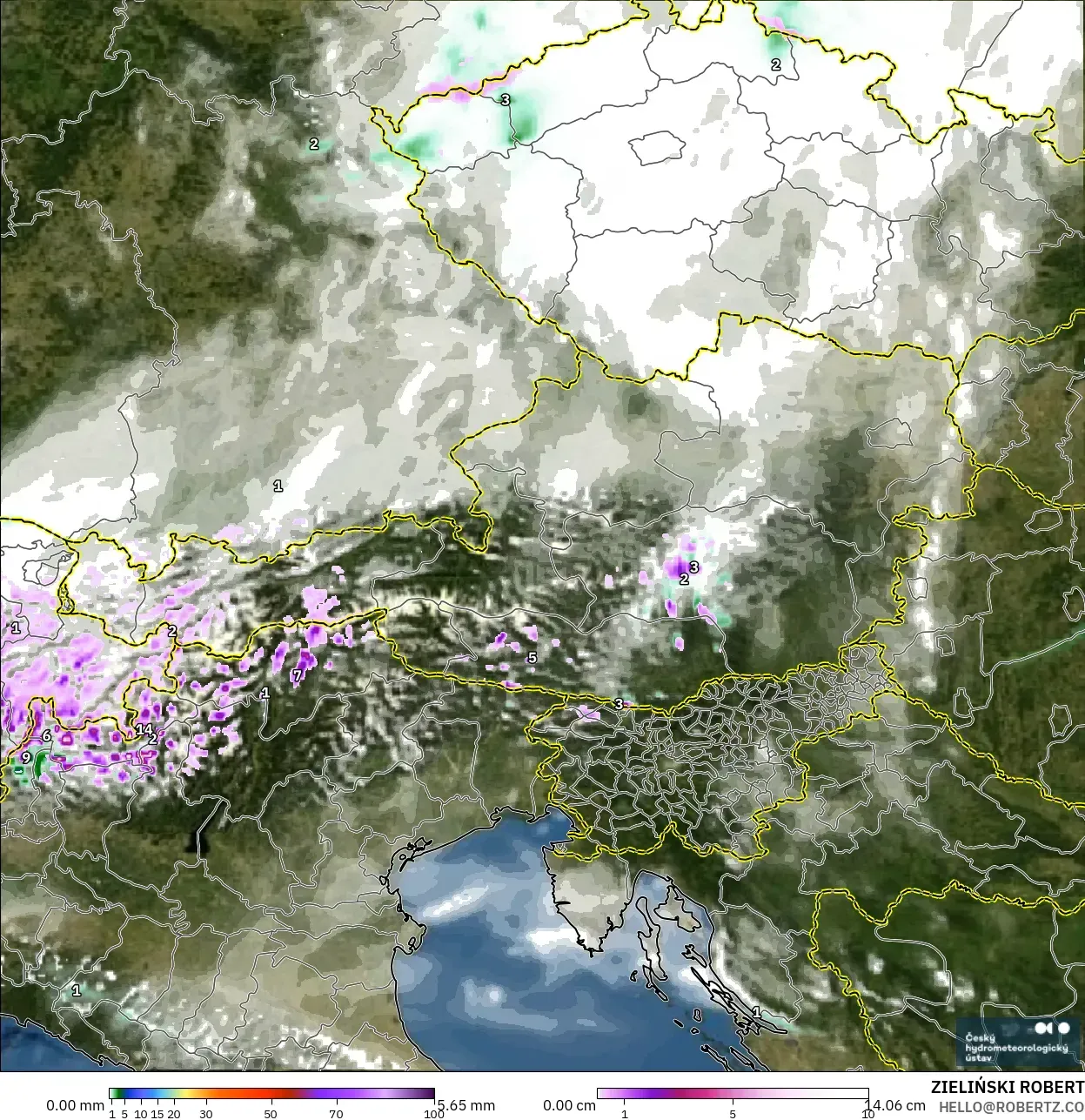 ALADIN CZ 2,3 km modelo - Áustria, Precipitação, nuvens e pressão