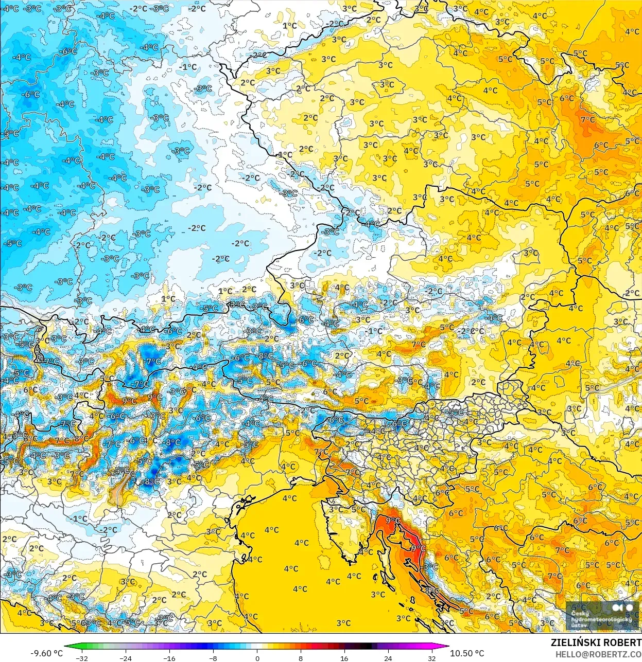 ALADIN CZ 2,3 km modelo - Áustria, Anomalia de temperatura a 2 m