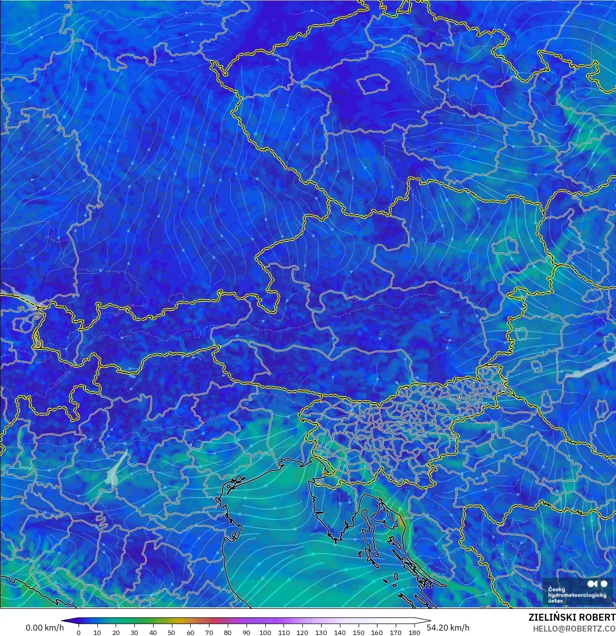 ALADIN CZ 2,3 km modelo - Áustria, Vento a 10 m
