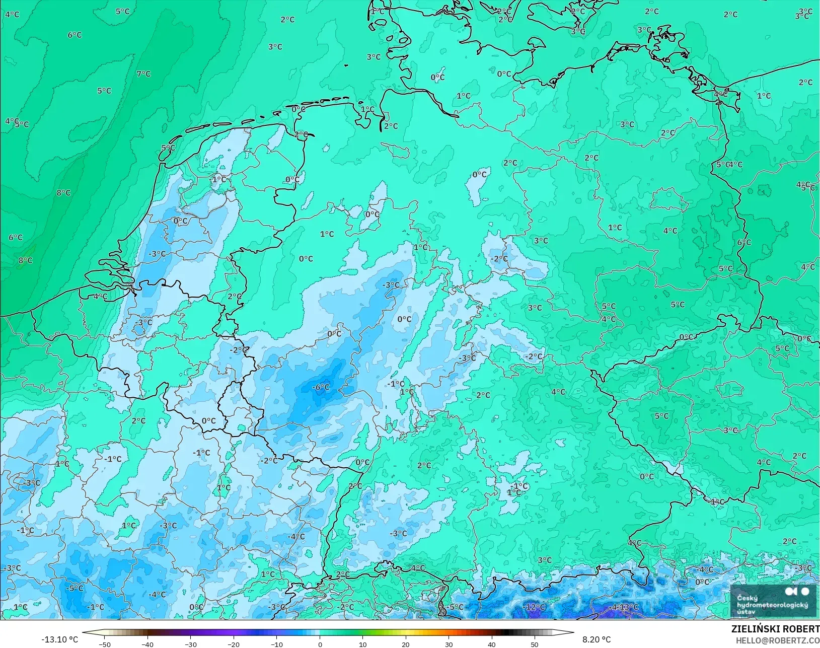 ALADIN CZ 2,3 km modelo - Alemanha, Ponto de orvalho a 2 m