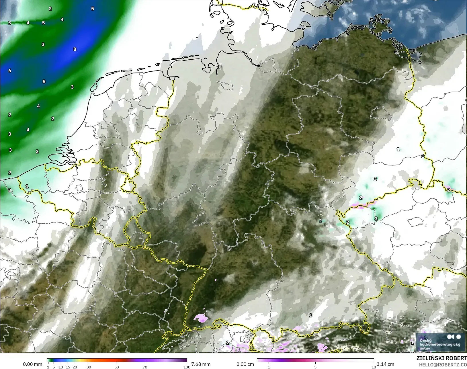 ALADIN CZ 2,3 km modelo - Alemanha, Precipitação, nuvens e pressão