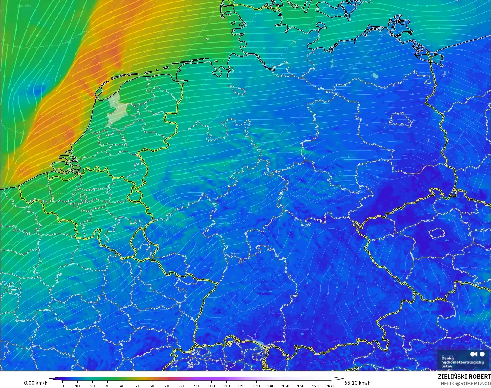 ALADIN CZ 2,3 km modelo - Alemanha, Vento a 10 m