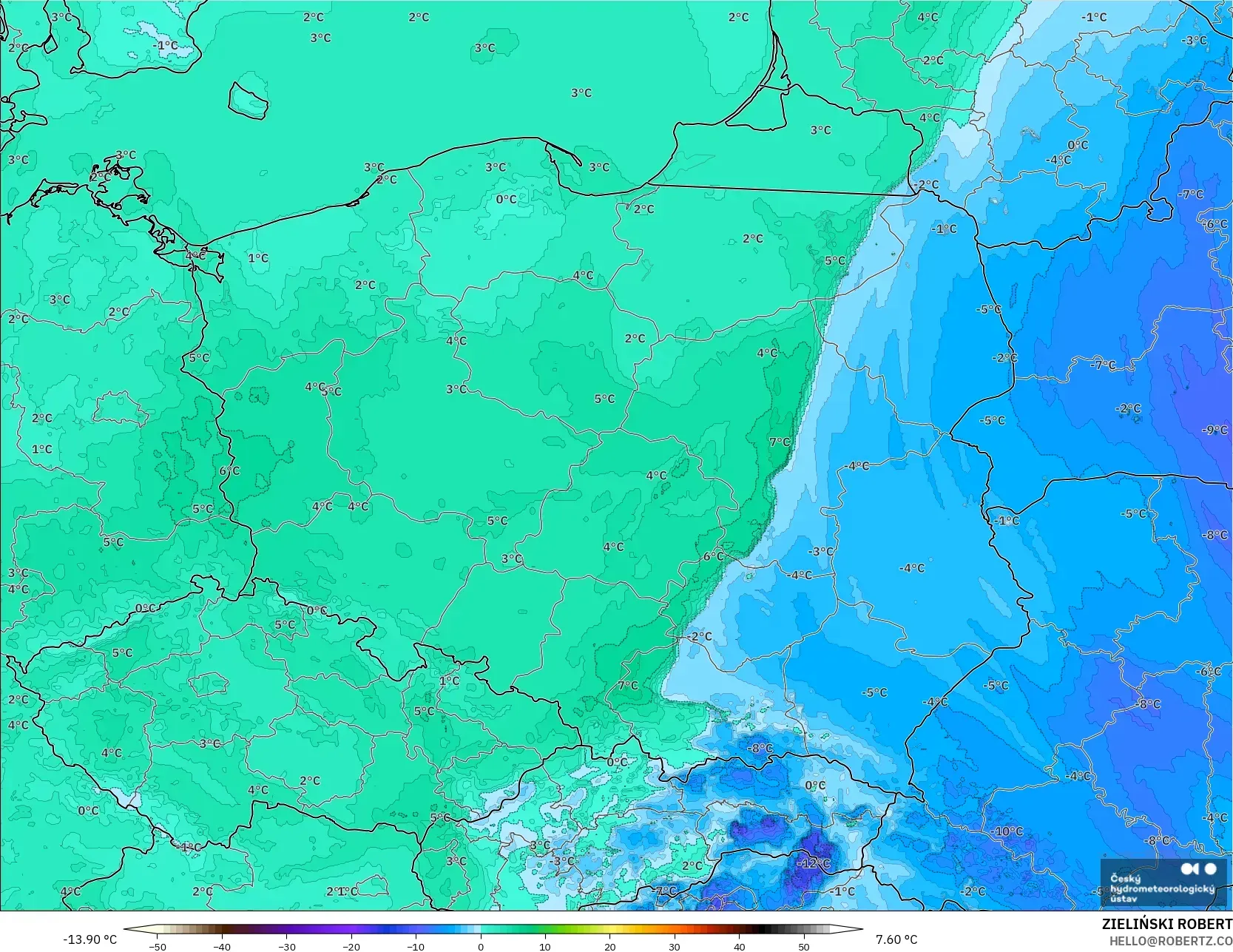 ALADIN CZ 2,3 km modelo - Polônia, Ponto de orvalho a 2 m