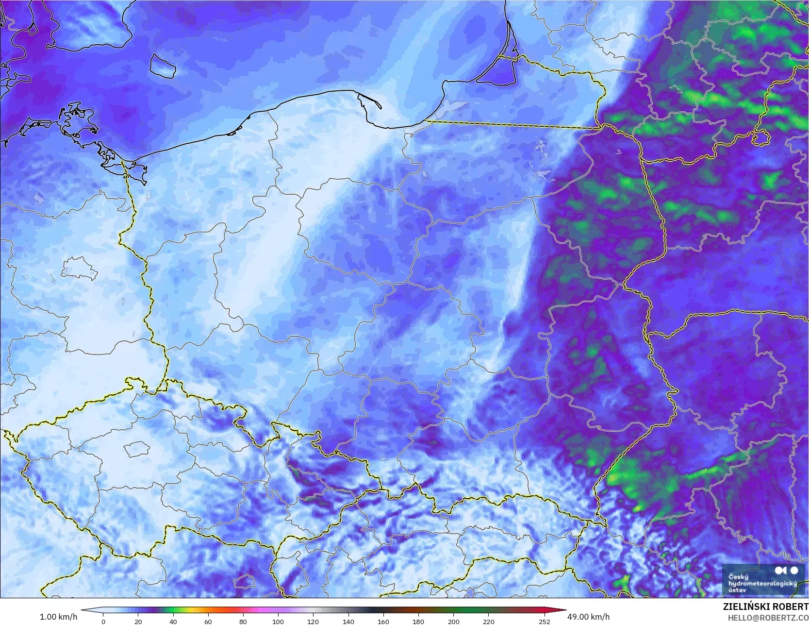 ALADIN CZ 2,3 km modelo - Polônia, Rajadas de vento