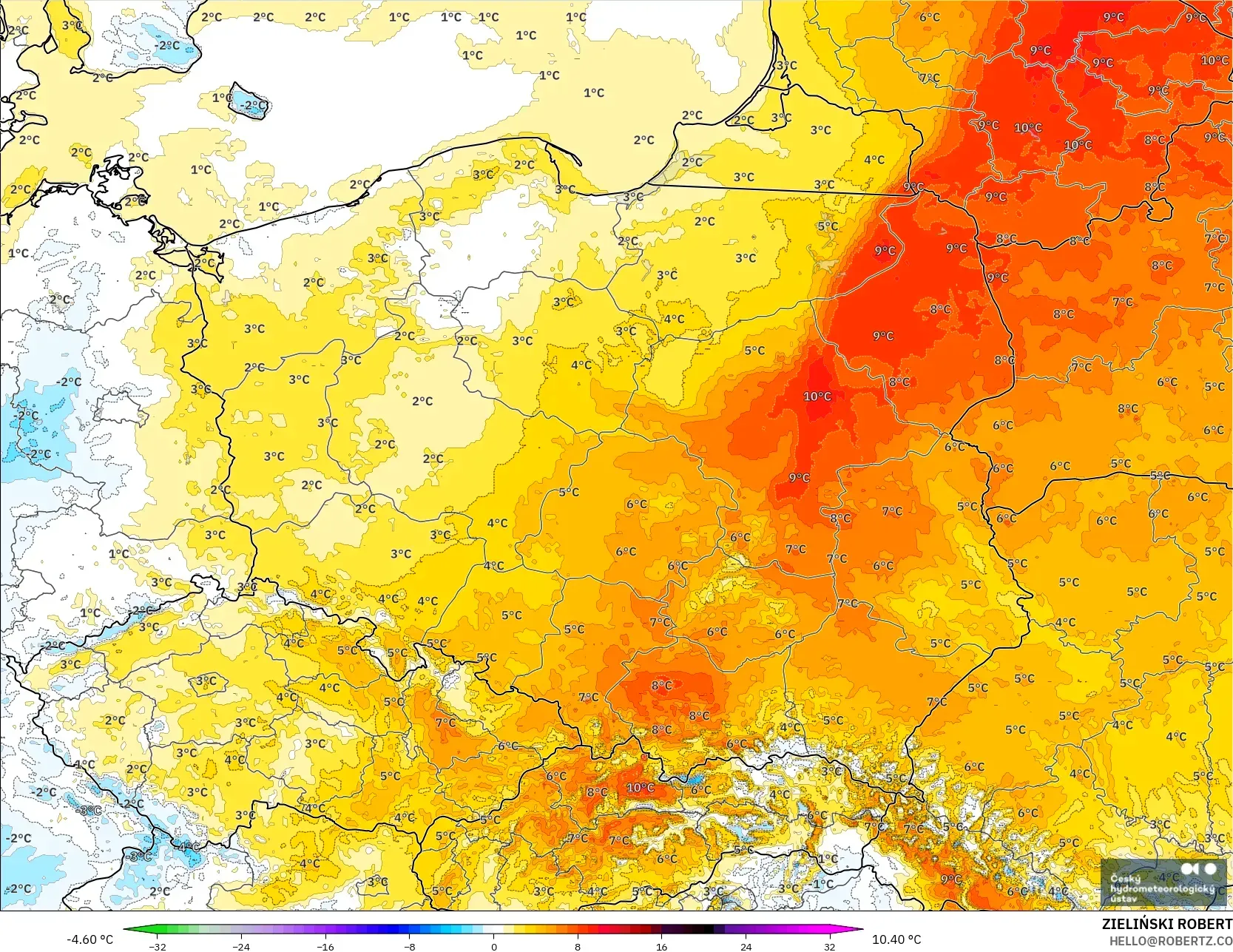 ALADIN CZ 2,3 km modelo - Polônia, Anomalia de temperatura a 2 m