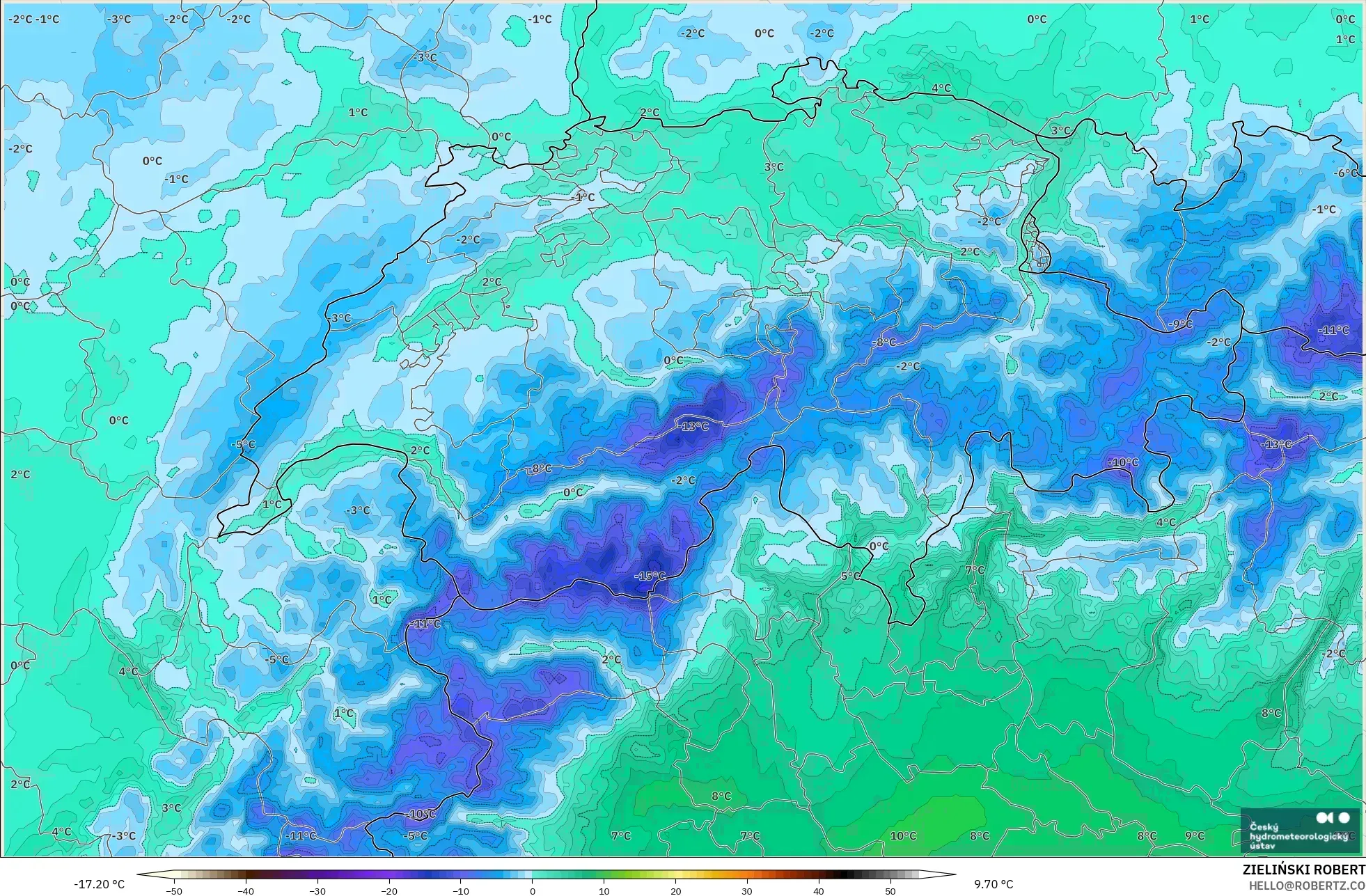 ALADIN CZ 2,3 km modelo - Suíça, Ponto de orvalho a 2 m
