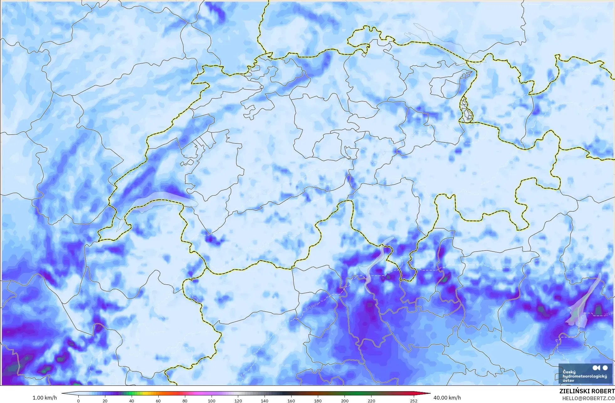 ALADIN CZ 2,3 km modelo - Suíça, Rajadas de Vento Máximas