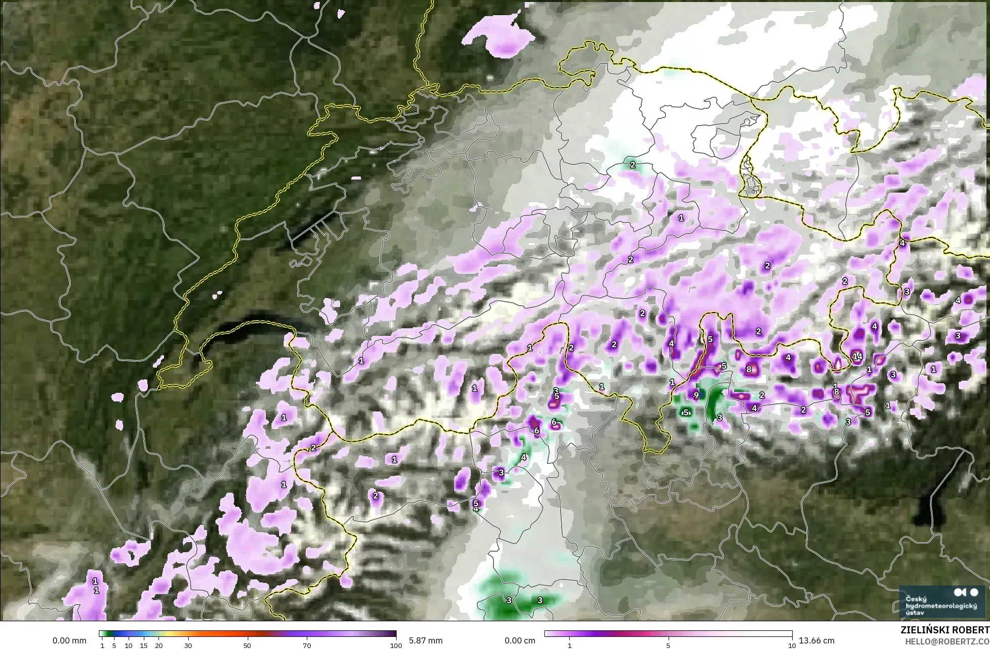 ALADIN CZ 2,3 km modelo - Suíça, Precipitação, nuvens e pressão