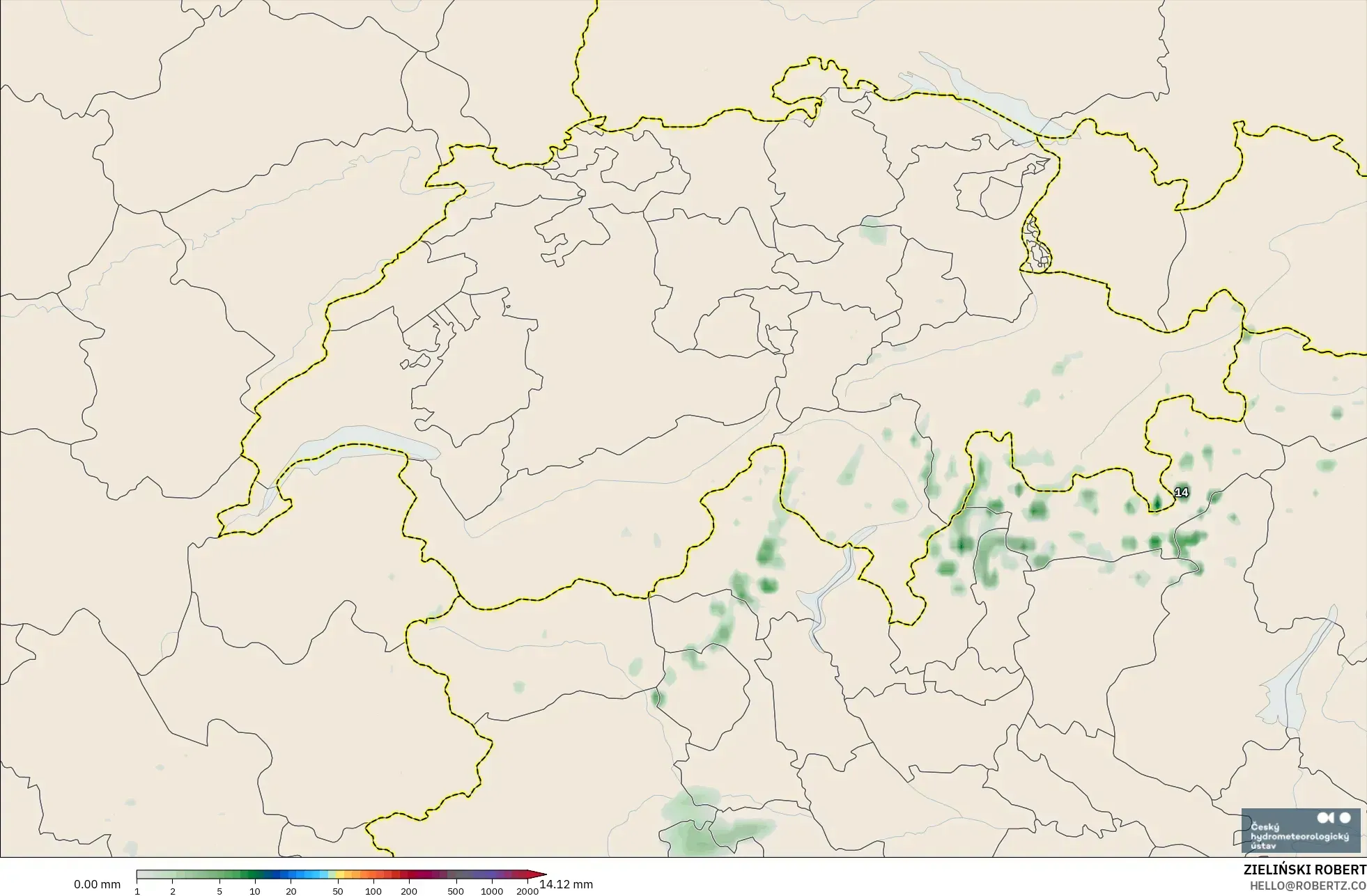ALADIN CZ 2,3 km modelo - Suíça, Acúmulo de precipitação