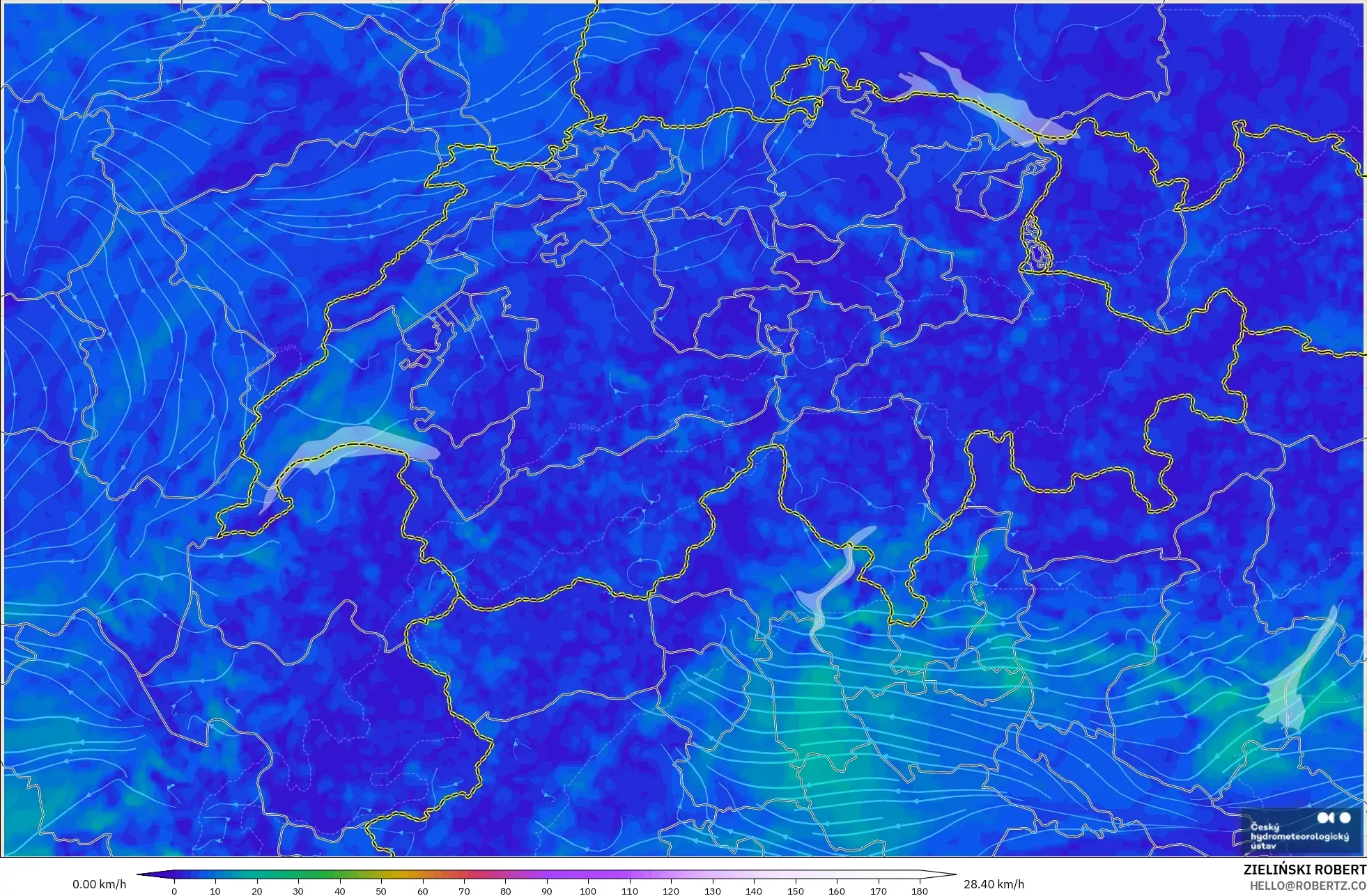 ALADIN CZ 2,3 km modelo - Suíça, Vento a 10 m