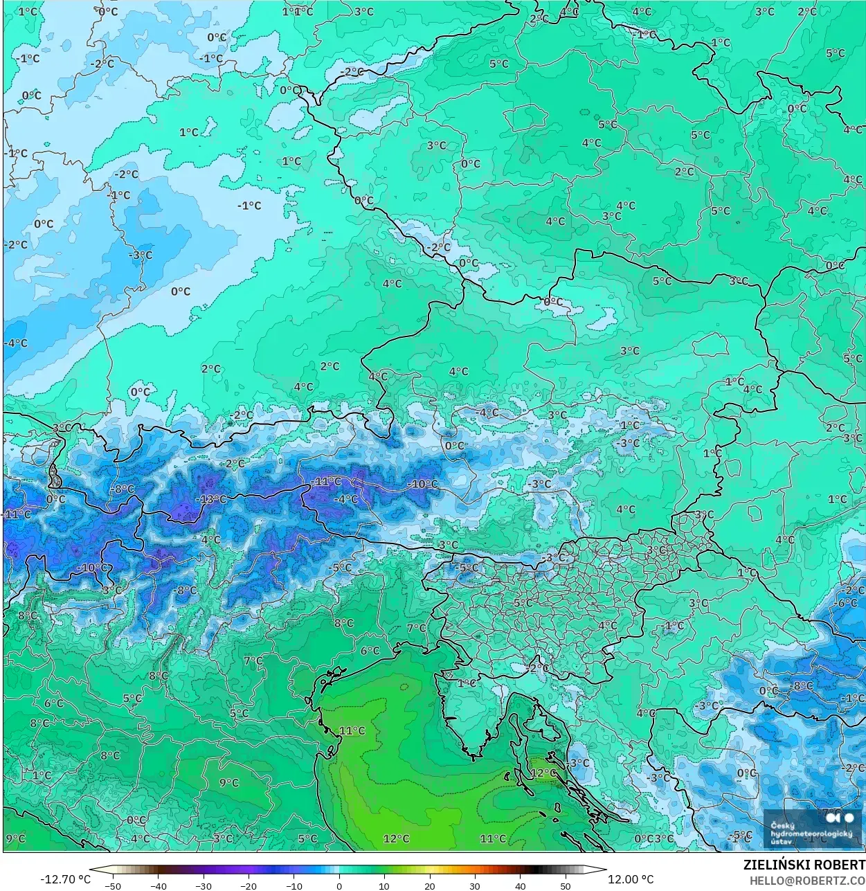 ALADIN CZ 2,3 km modelo - Áustria, Ponto de orvalho a 2 m
