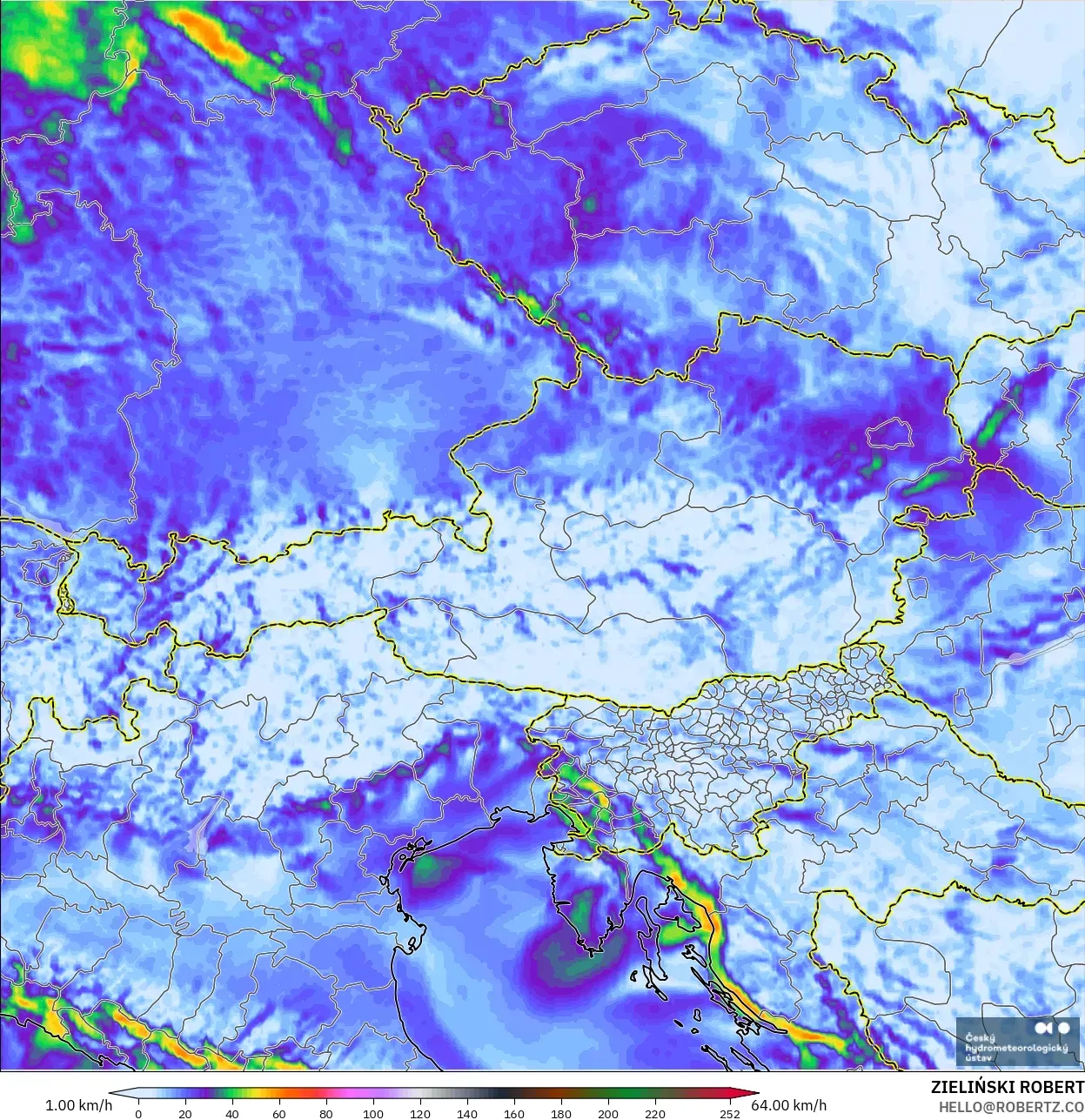 ALADIN CZ 2,3 km modelo - Áustria, Rajadas de vento