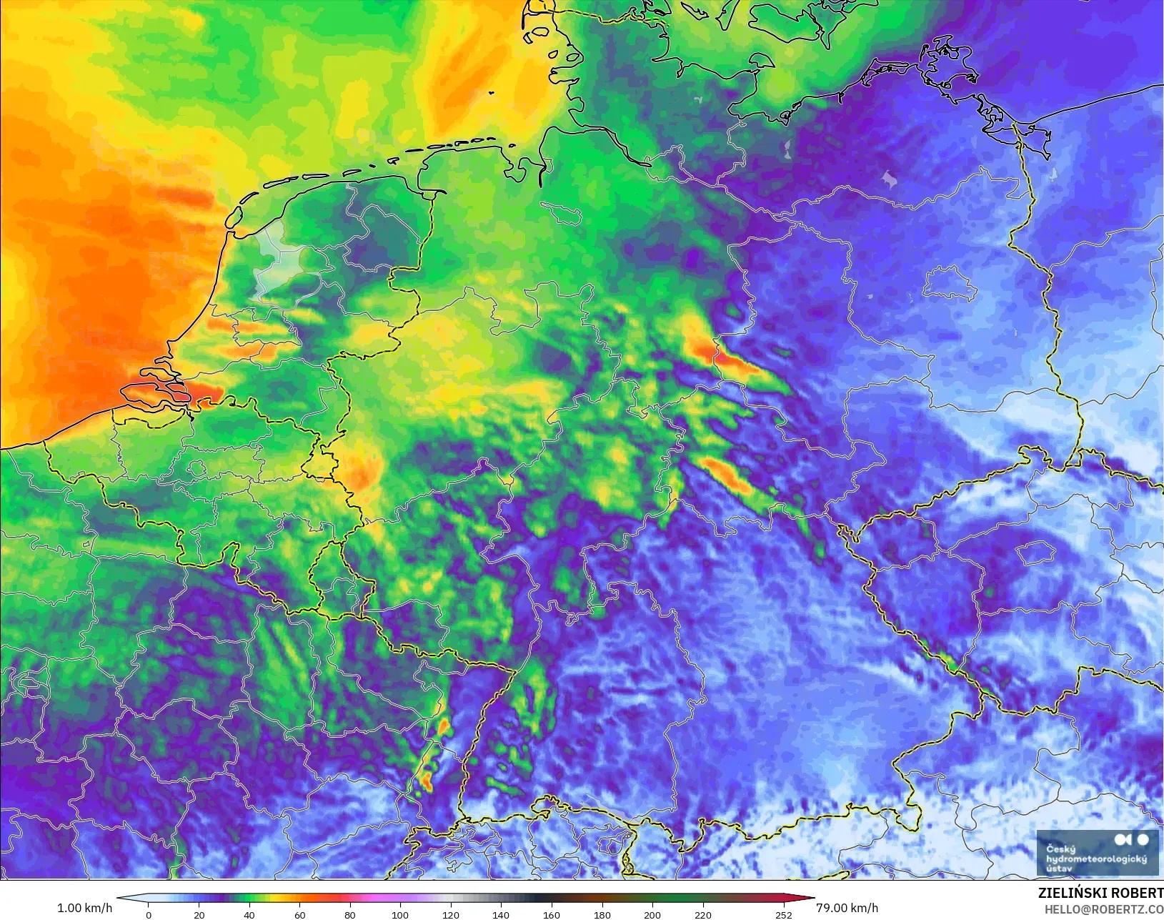 ALADIN CZ 2,3 km modelo - Alemanha, Rajadas de vento