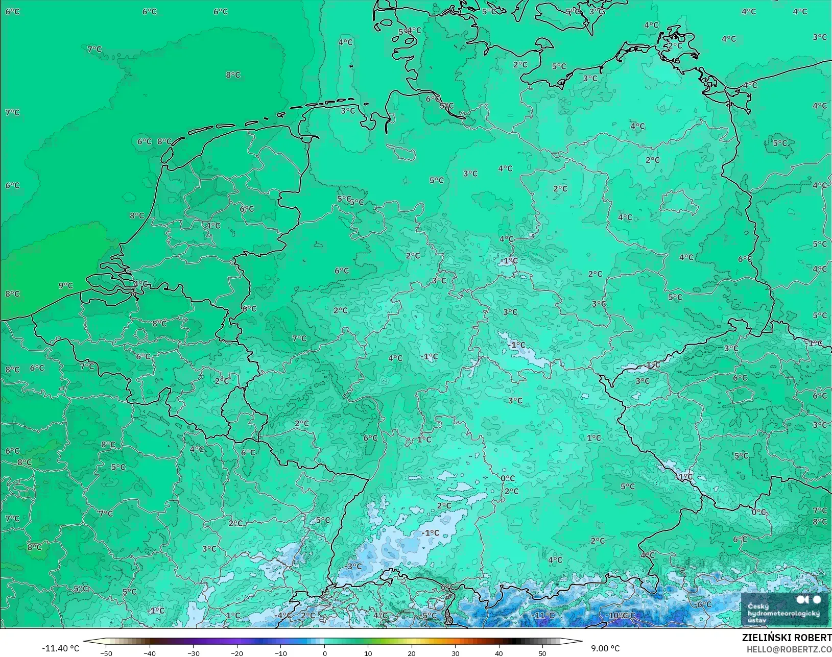 ALADIN CZ 2,3 km modelo - Alemanha, Temperatura a 2 m