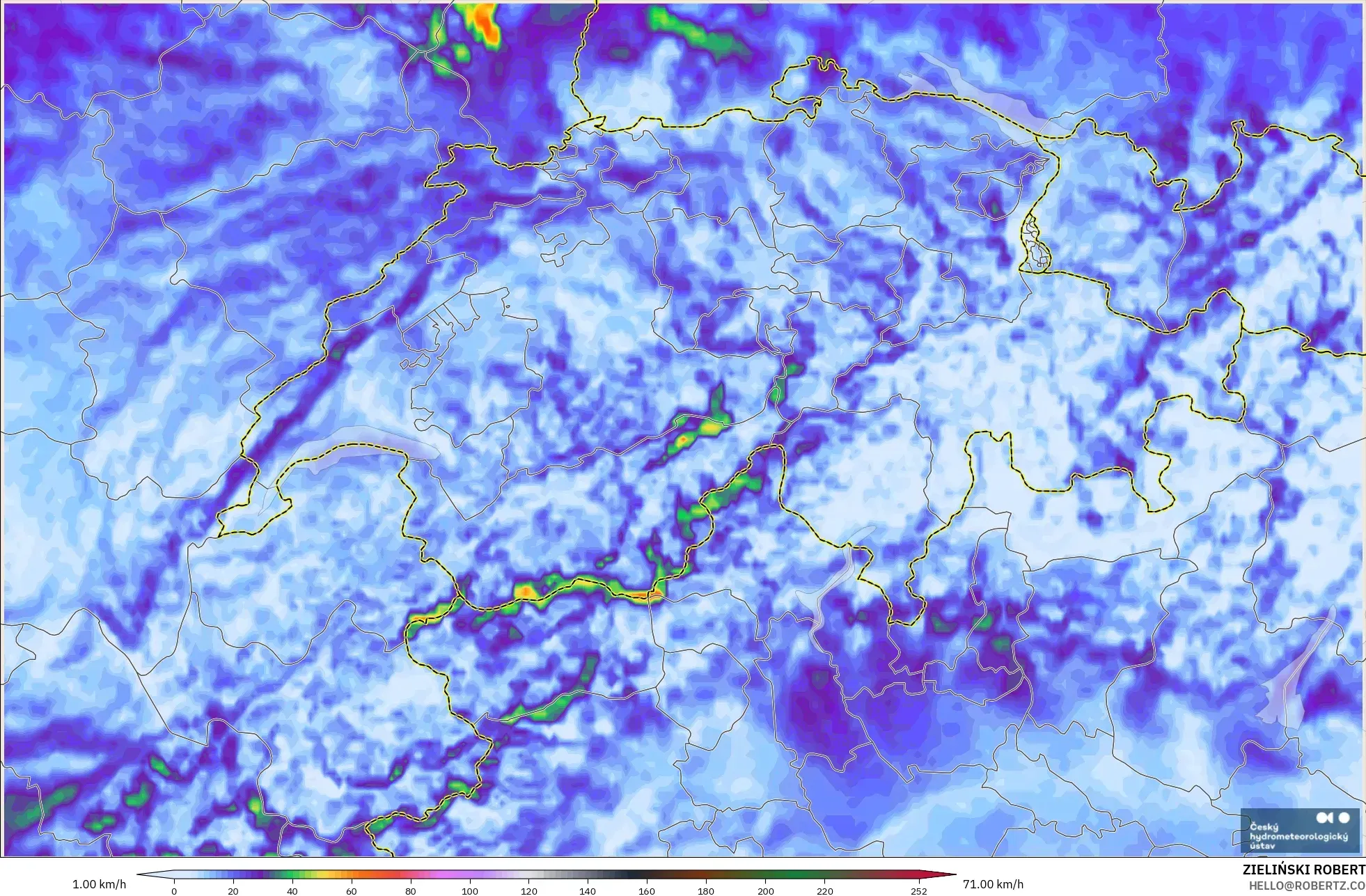 ALADIN CZ 2,3 km modelo - Suíça, Rajadas de vento