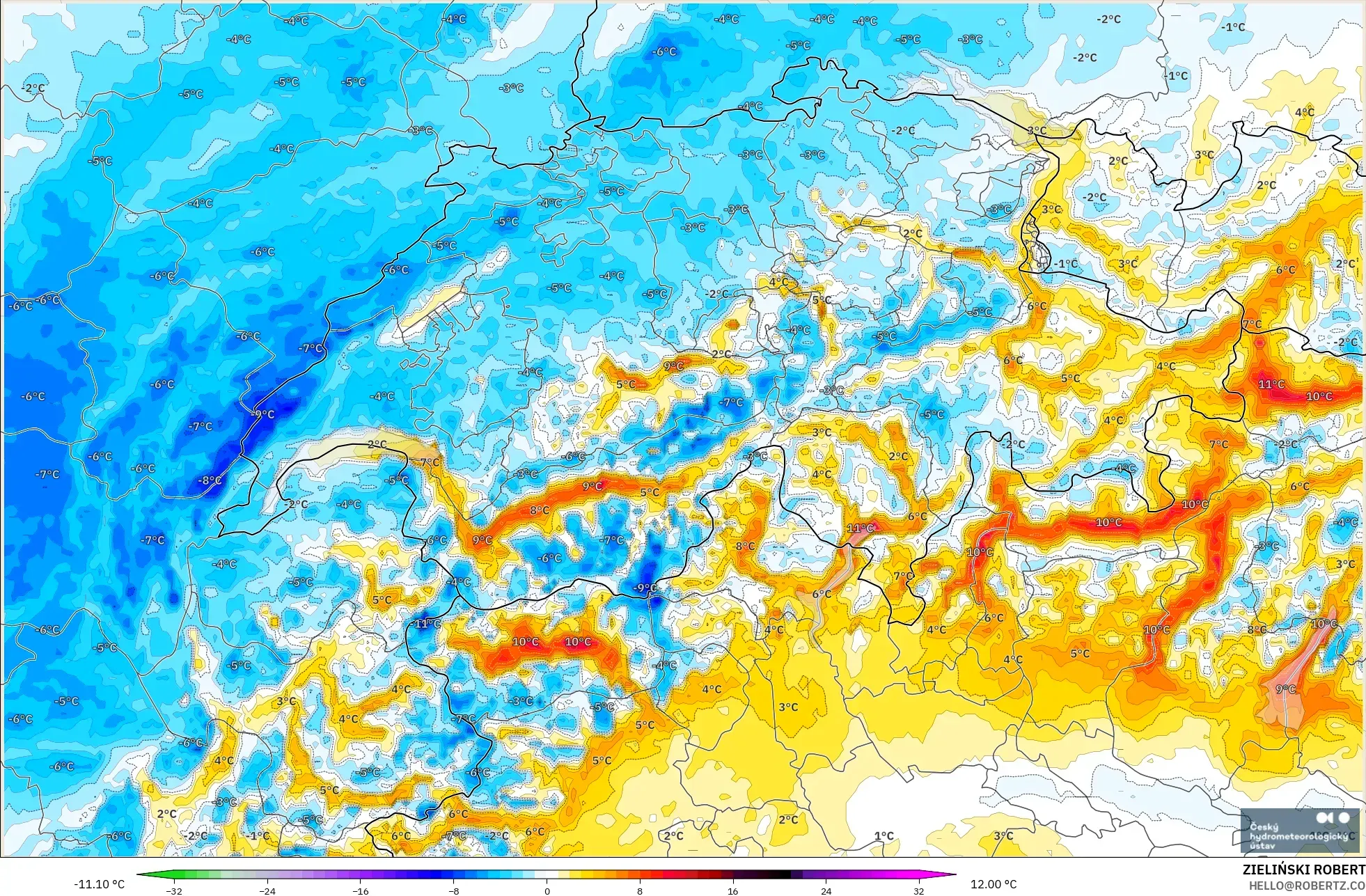 ALADIN CZ 2,3 km modelo - Suíça, Anomalia de temperatura a 2 m