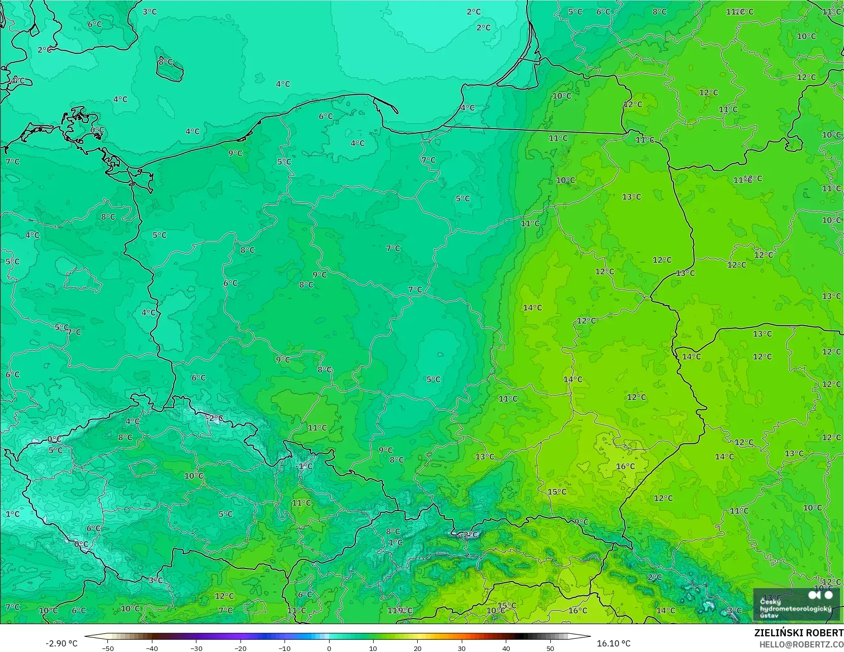ALADIN CZ 2,3 km modelo - Polônia, Temperatura a 2 m