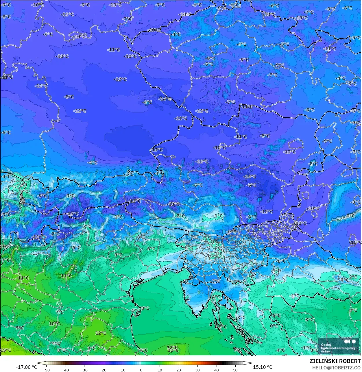 ALADIN CZ 2,3 km modelo - Áustria, Ponto de orvalho a 2 m