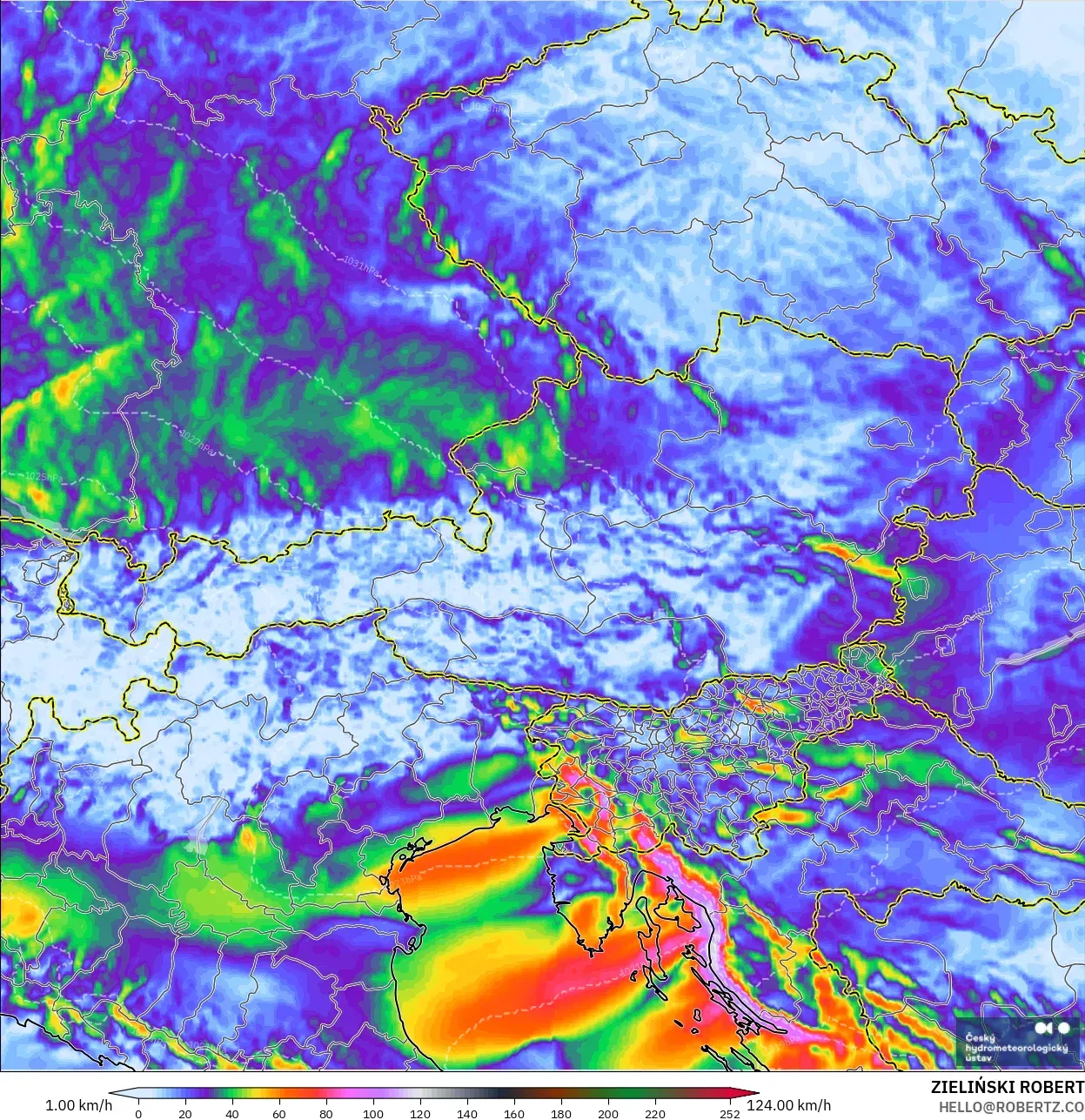 ALADIN CZ 2,3 km modelo - Áustria, Rajadas de Vento Máximas