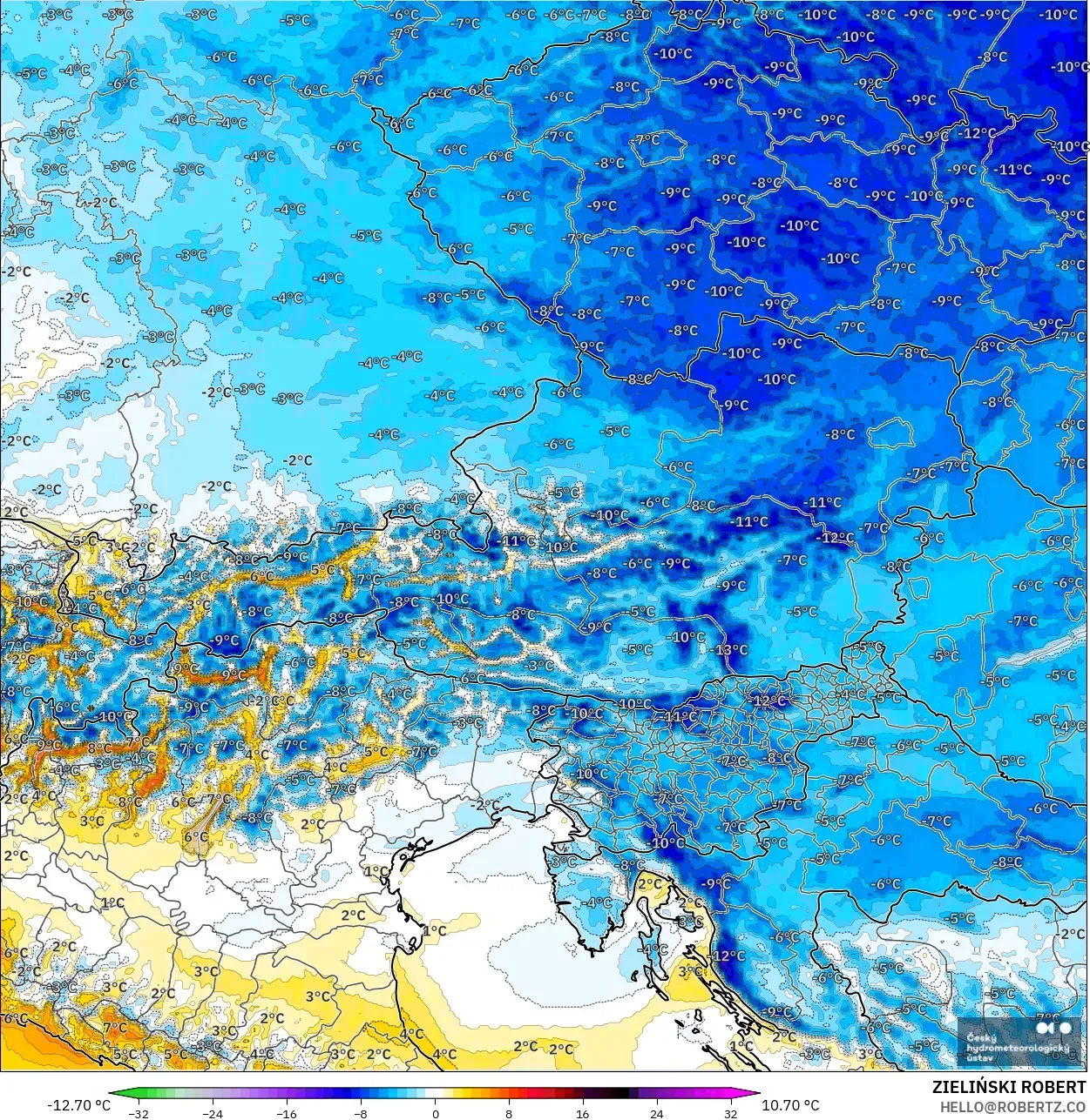 ALADIN CZ 2,3 km modelo - Áustria, Anomalia de temperatura a 2 m