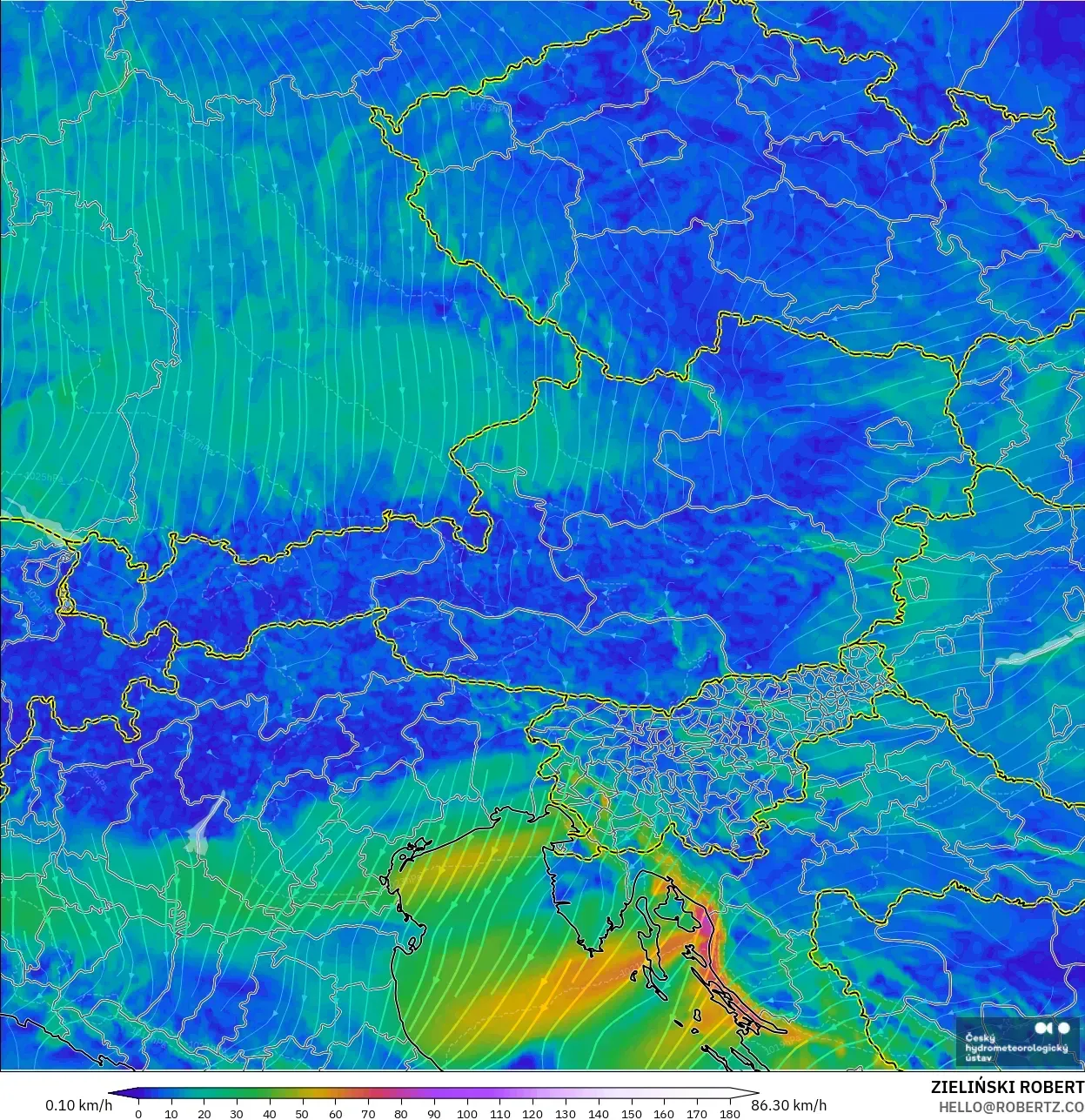 ALADIN CZ 2,3 km modelo - Áustria, Vento a 10 m