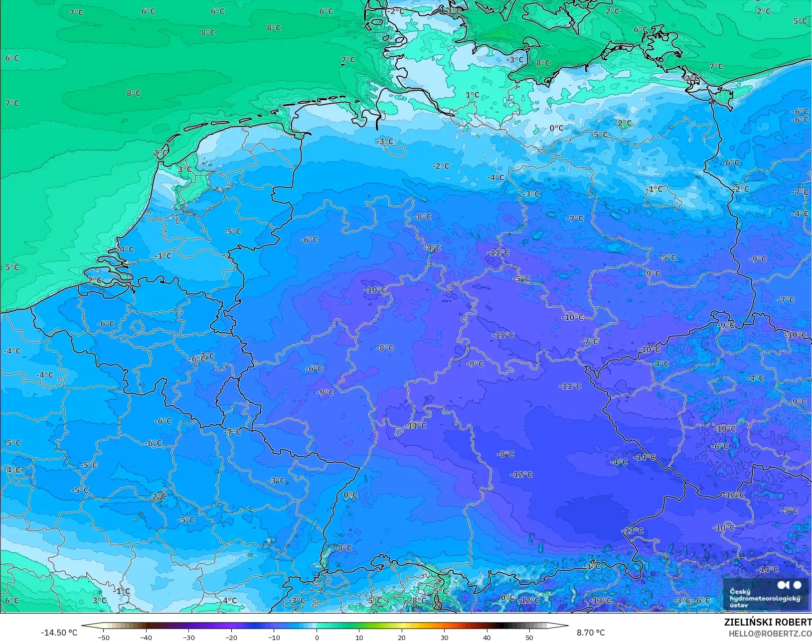 ALADIN CZ 2,3 km modelo - Alemanha, Ponto de orvalho a 2 m