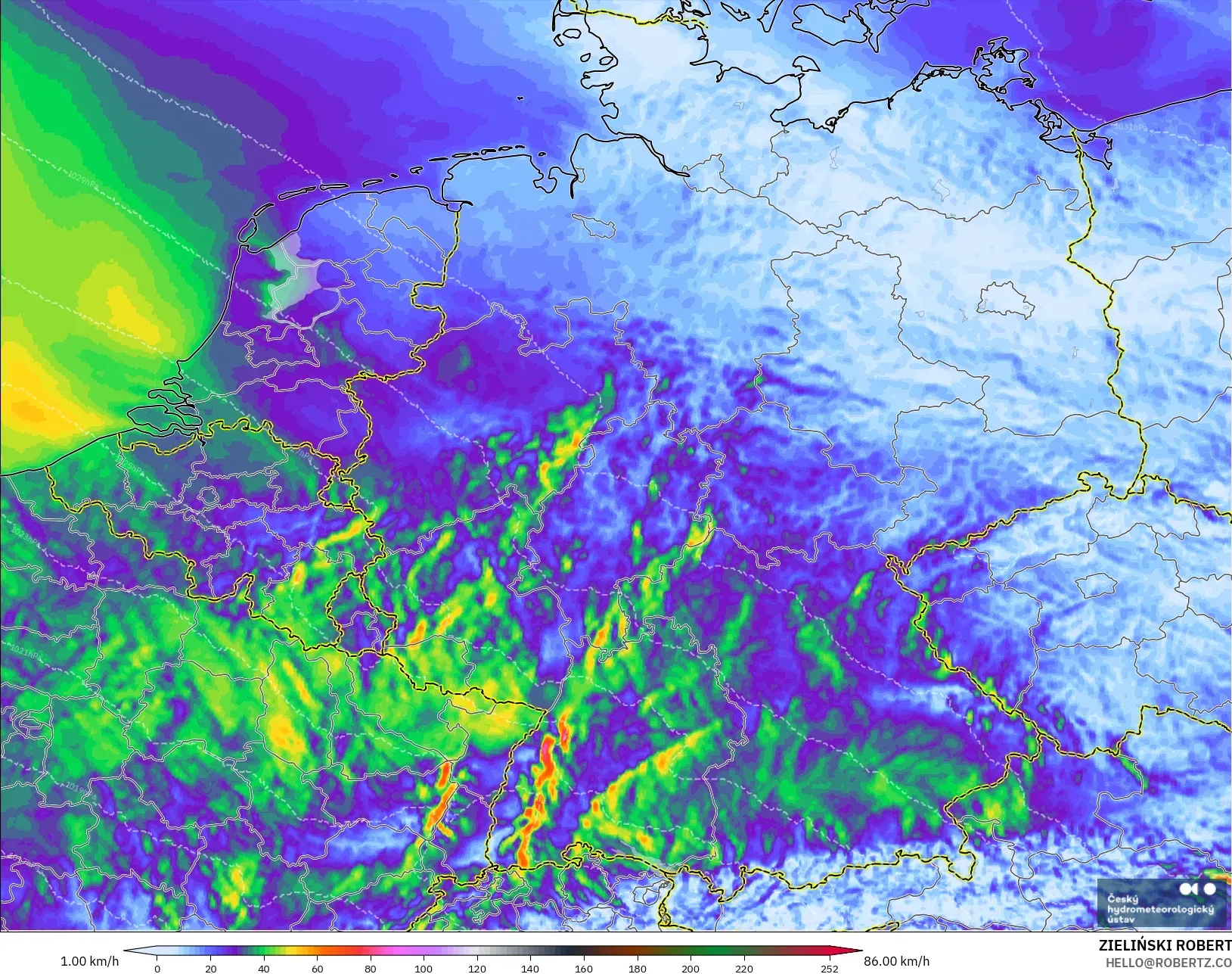 ALADIN CZ 2,3 km modelo - Alemanha, Rajadas de Vento Máximas
