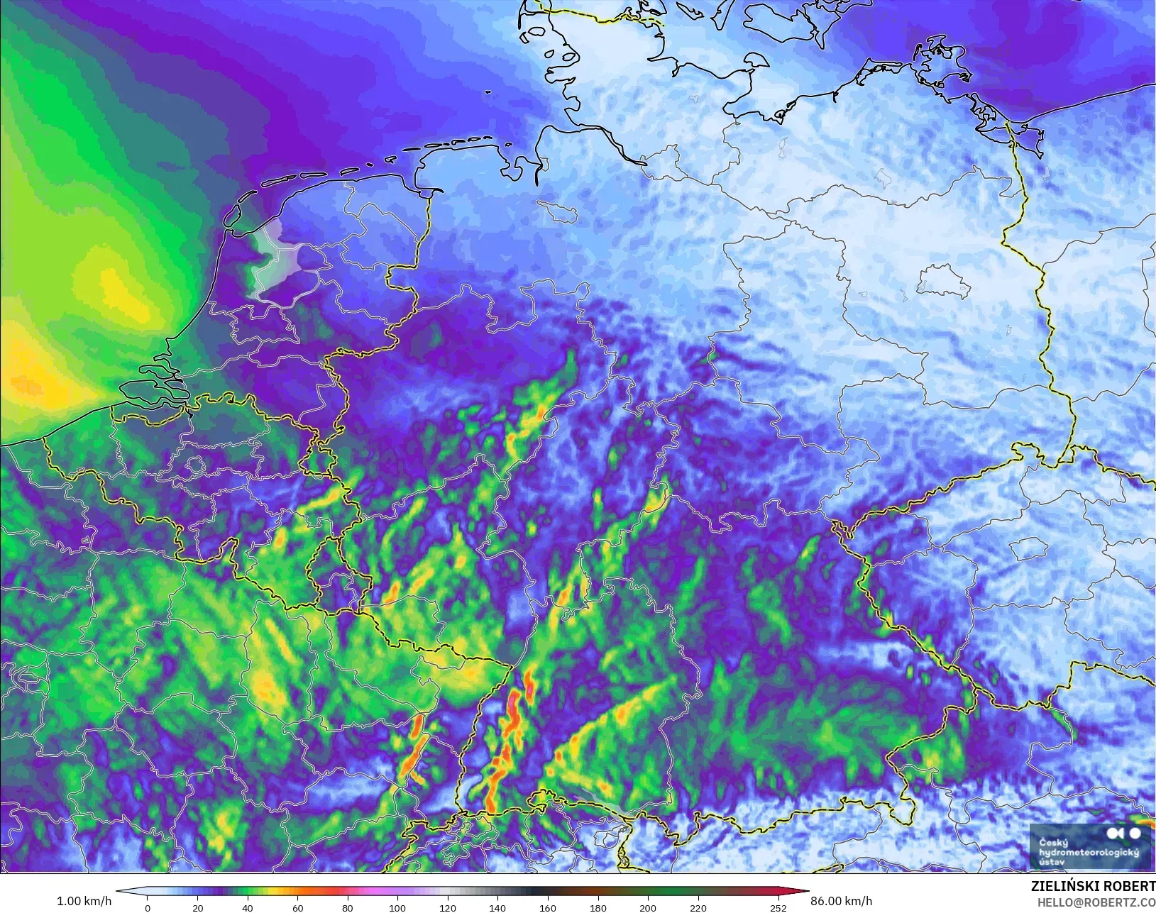 ALADIN CZ 2,3 km modelo - Alemanha, Rajadas de vento
