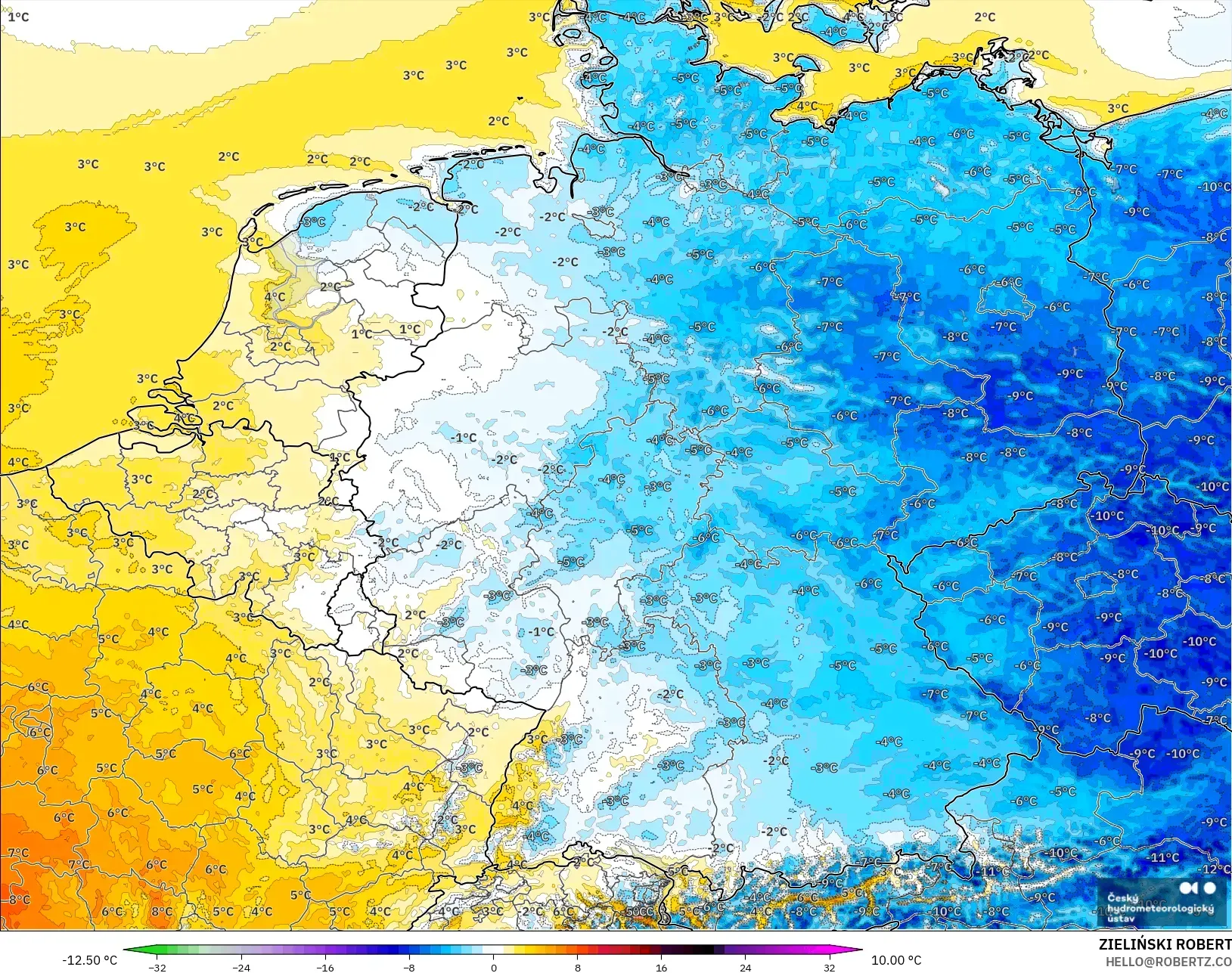 ALADIN CZ 2,3 km modelo - Alemanha, Anomalia de temperatura a 2 m
